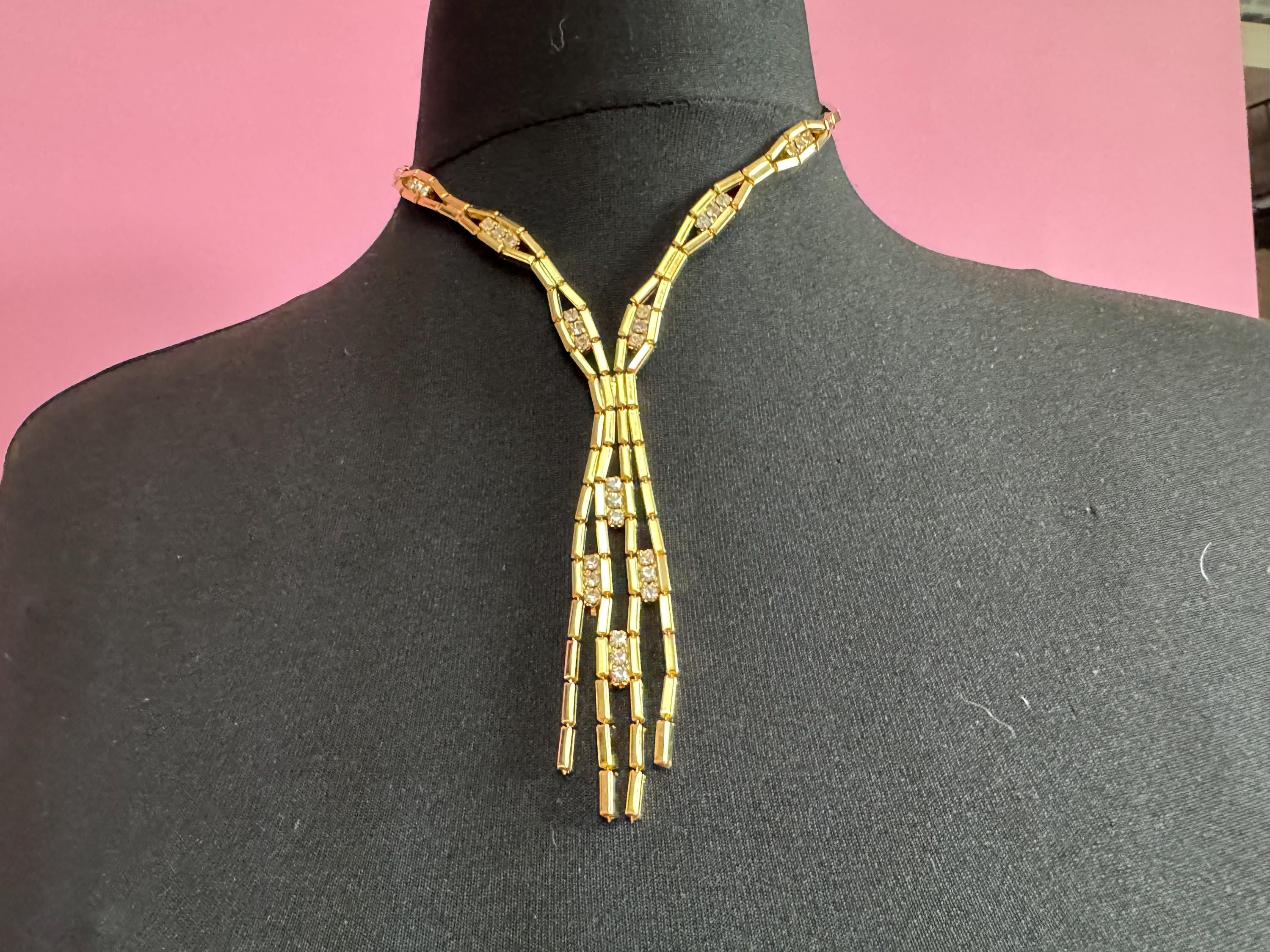 Vintage gold tone mesh & Clear Crystal diamanté waterfall lariat necklace 1970s old shop stock