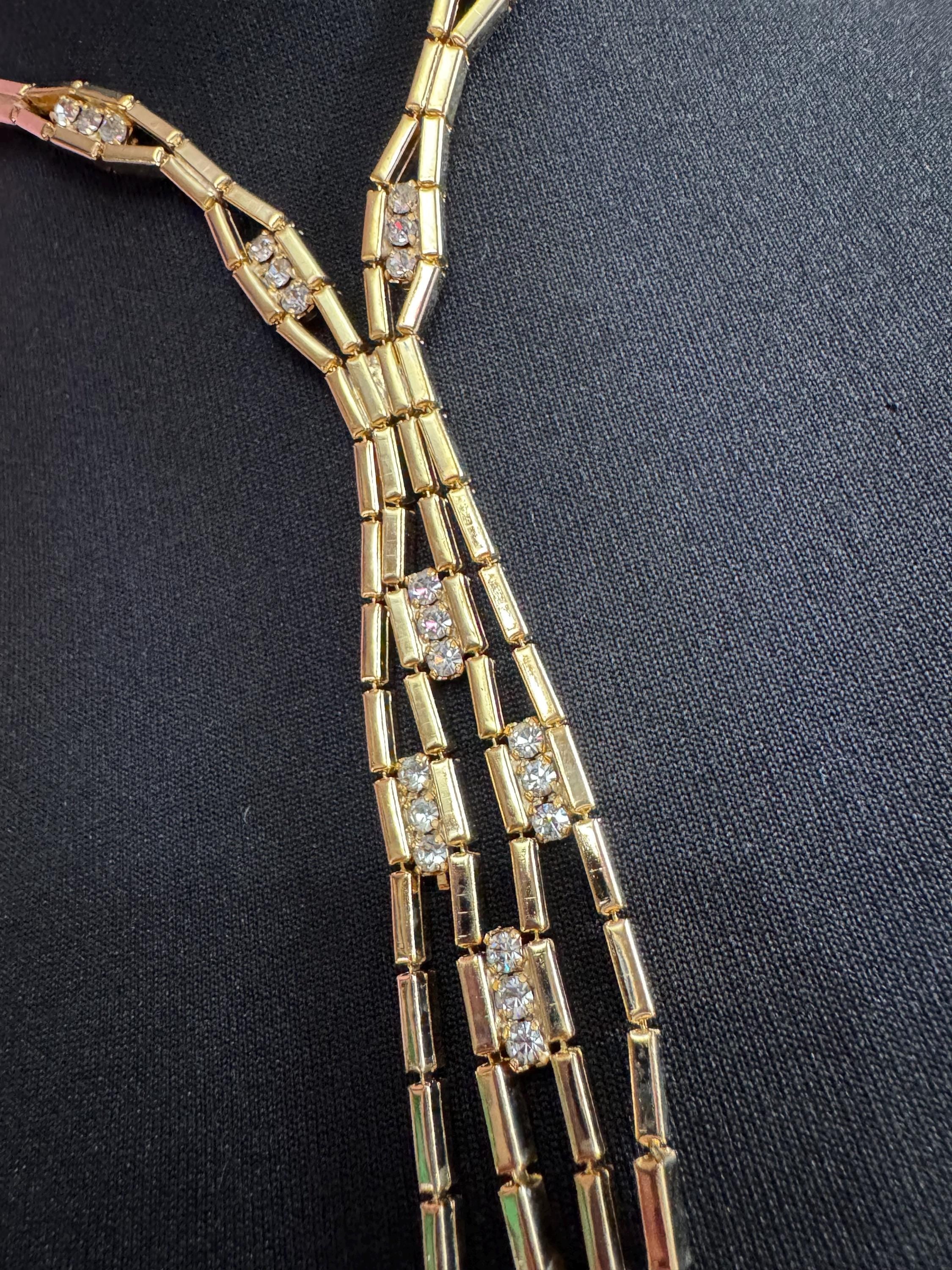 Vintage gold tone mesh & Clear Crystal diamanté waterfall lariat necklace 1970s old shop stock