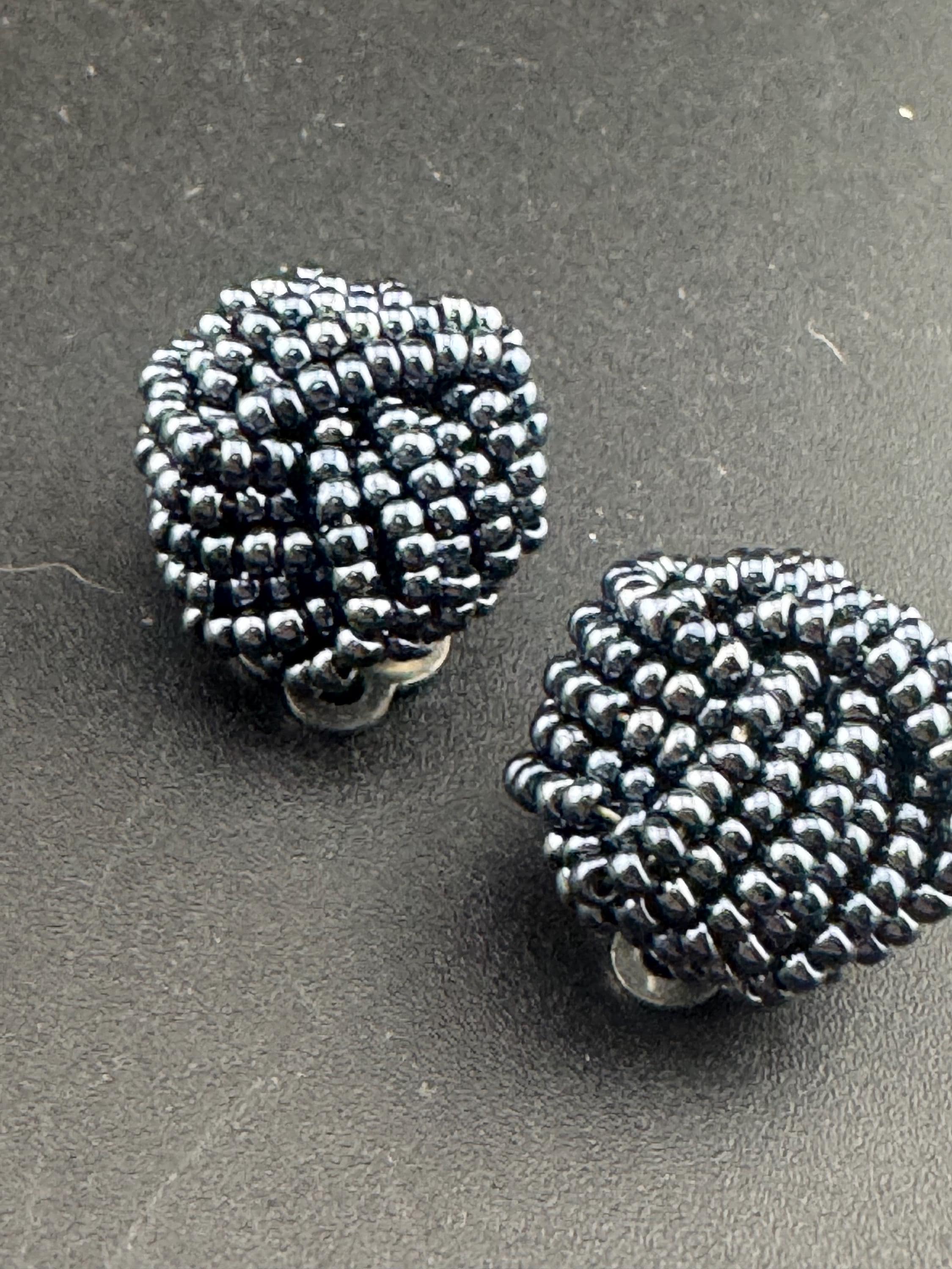 Black grey glass seed bead turban clip on earrings vintage