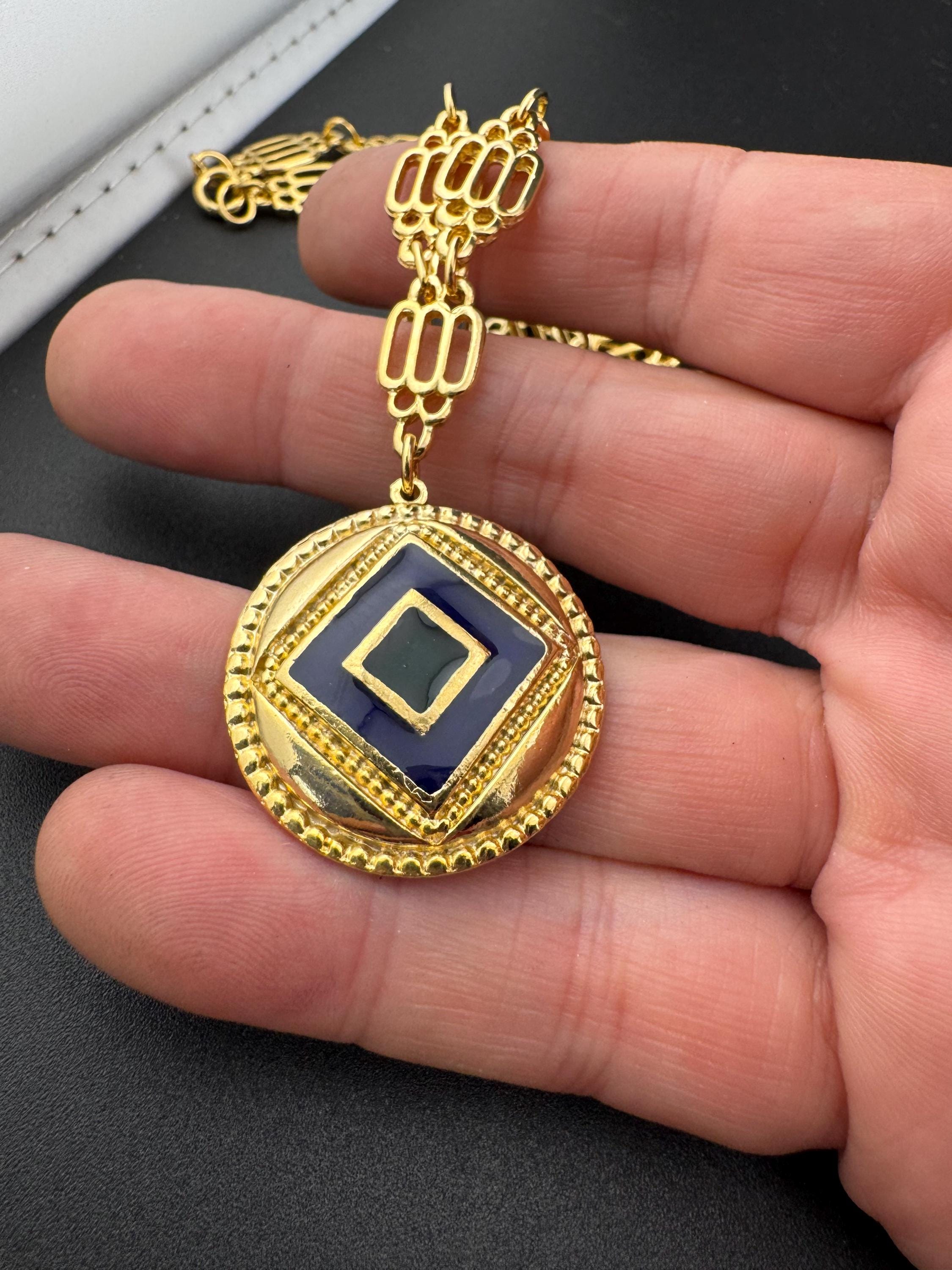 vintage navy blue and green enamel medallion pendant on fine fancy link Etruscan chain 44cm old shop stock