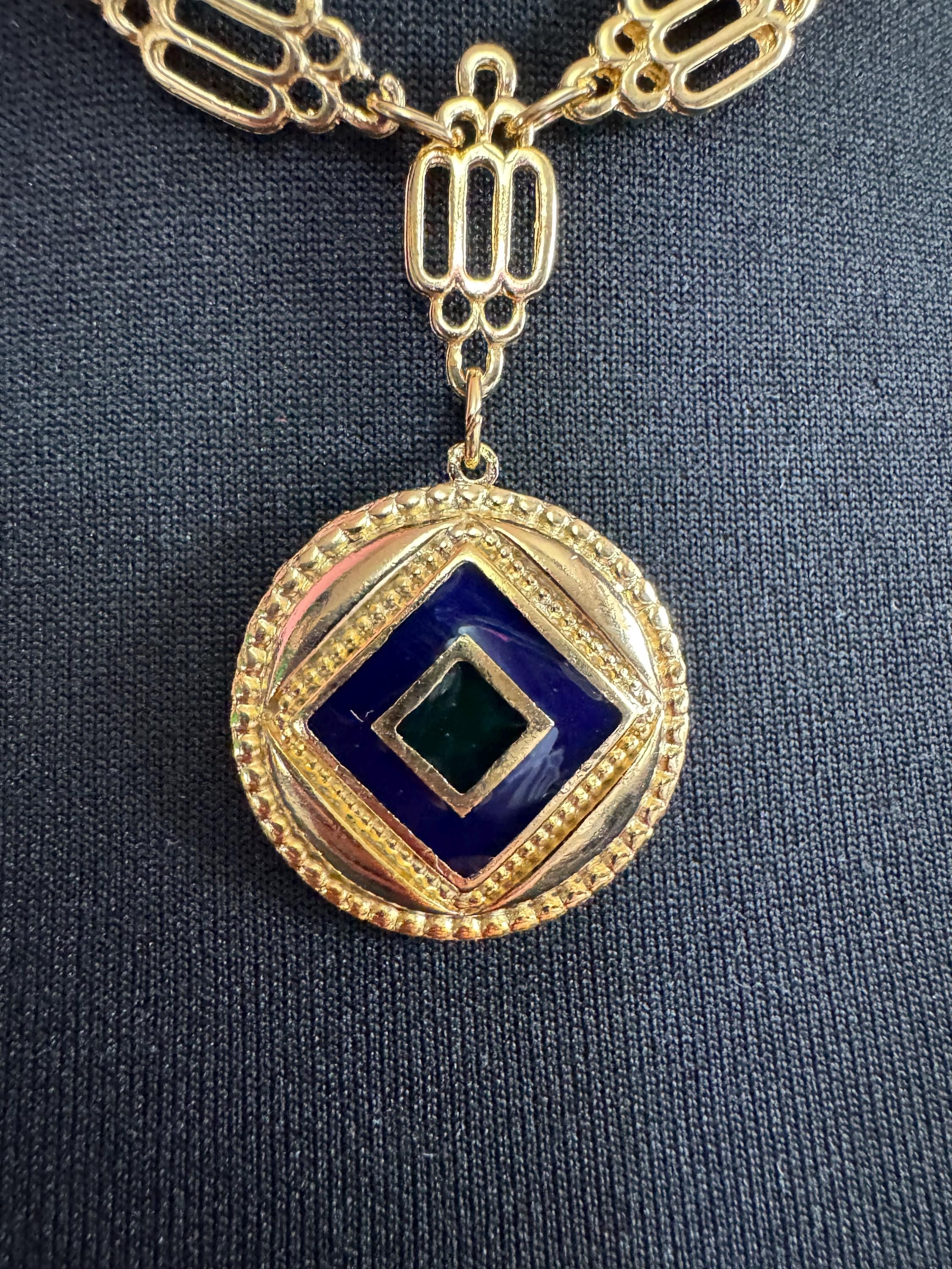 vintage navy blue and green enamel medallion pendant on fine fancy link Etruscan chain 44cm old shop stock