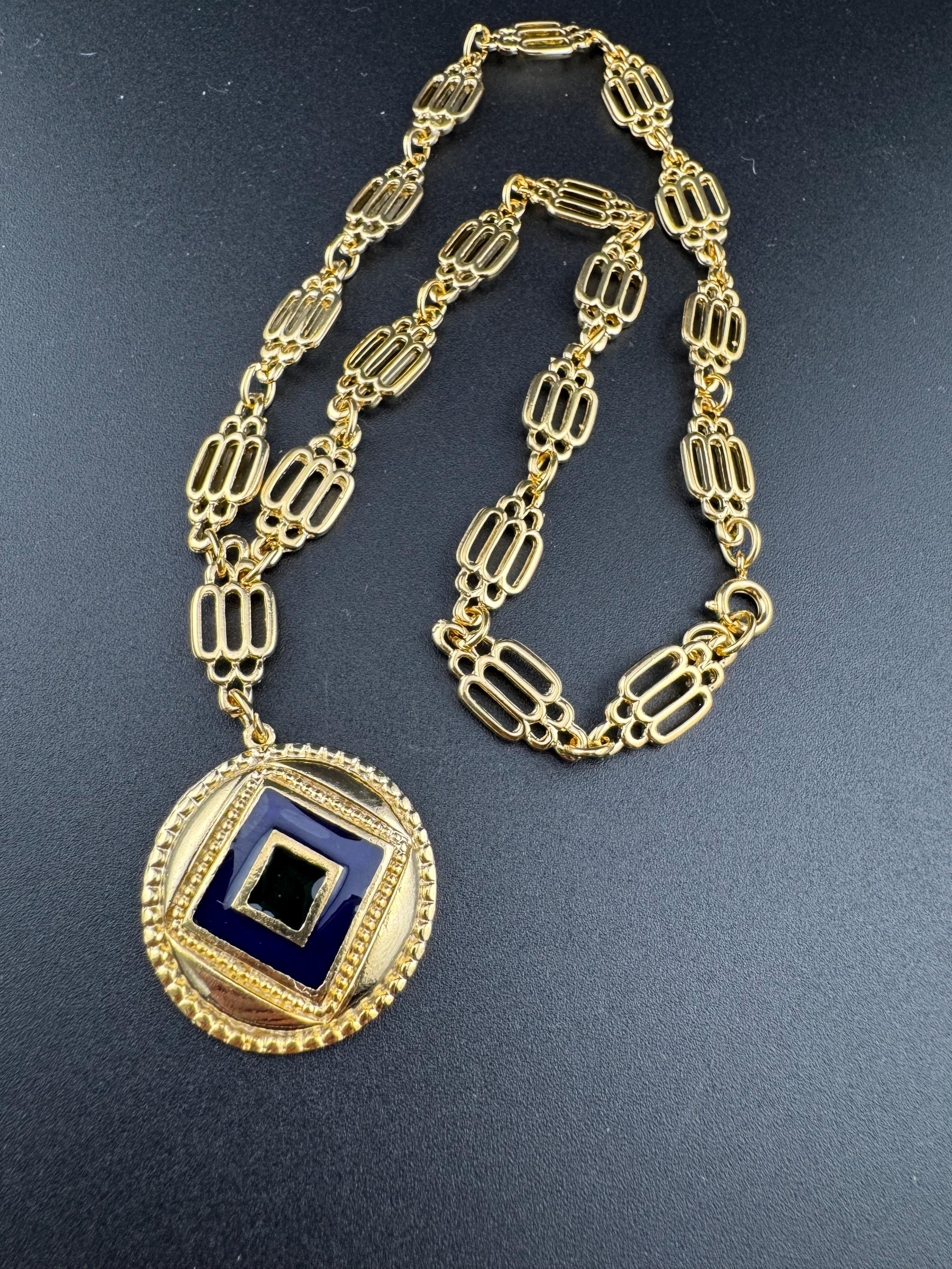 vintage navy blue and green enamel medallion pendant on fine fancy link Etruscan chain 44cm old shop stock