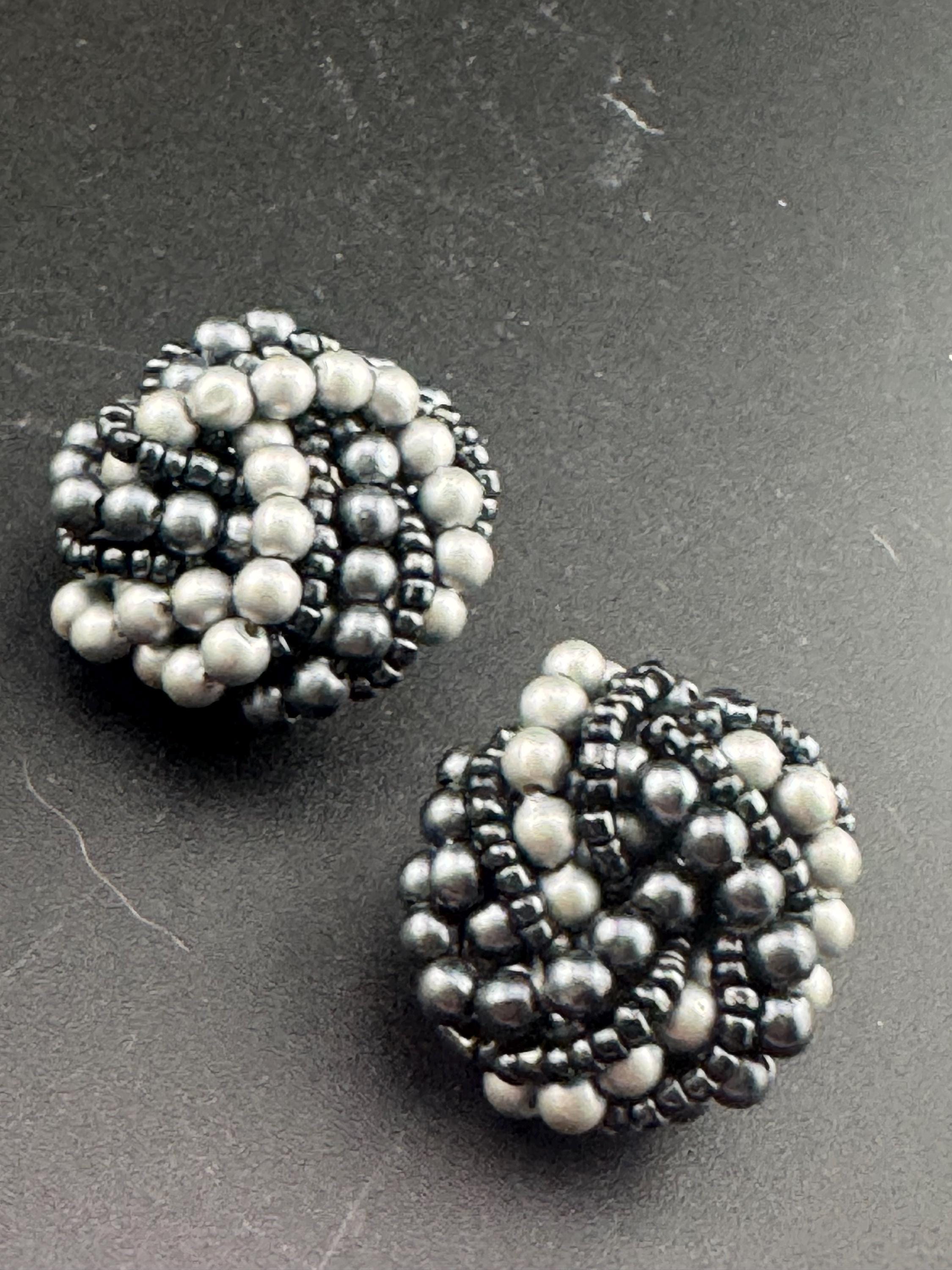 Black grey glass pearl seed bead turban clip on earrings vintage