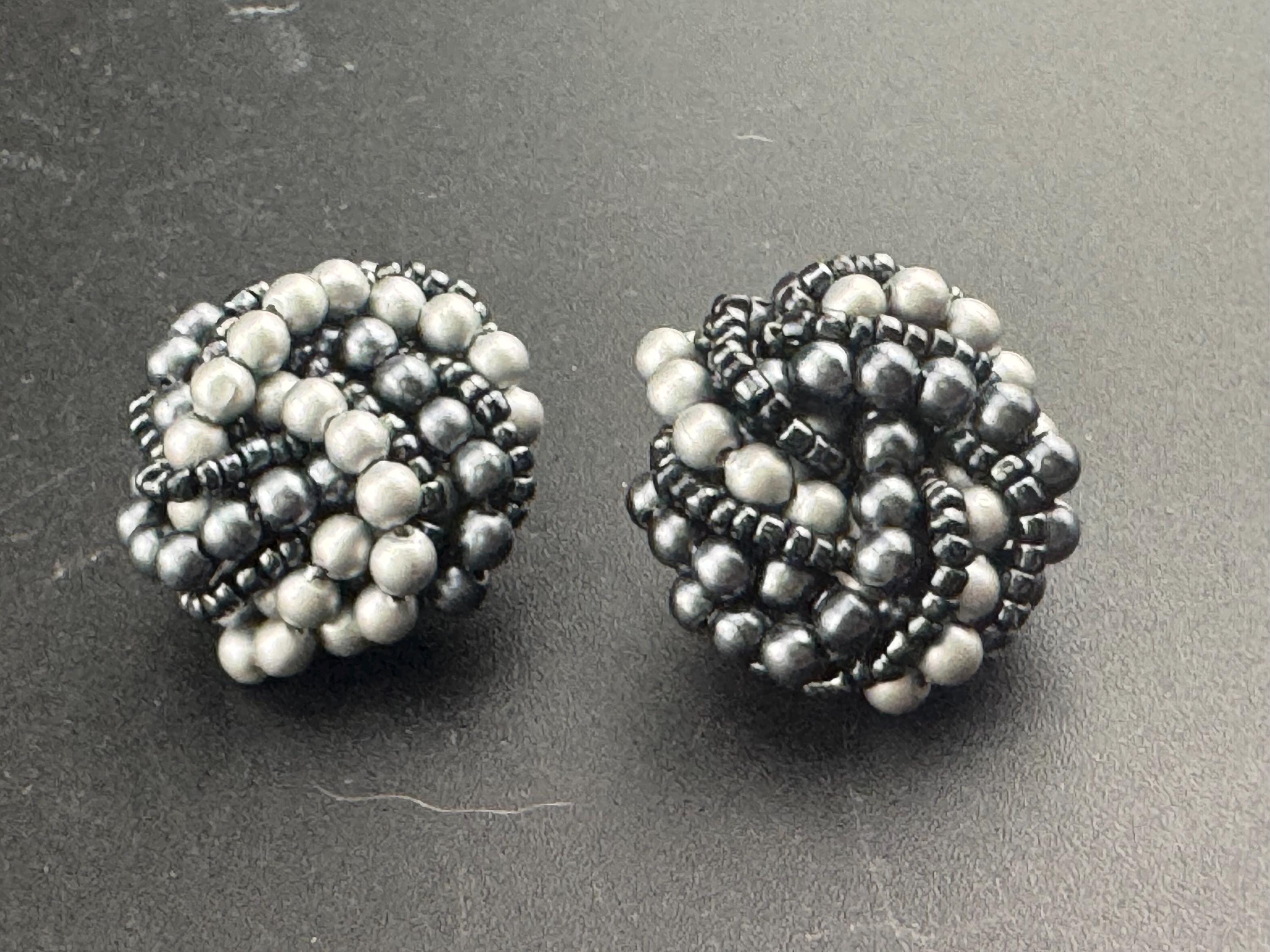 Black grey glass pearl seed bead turban clip on earrings vintage