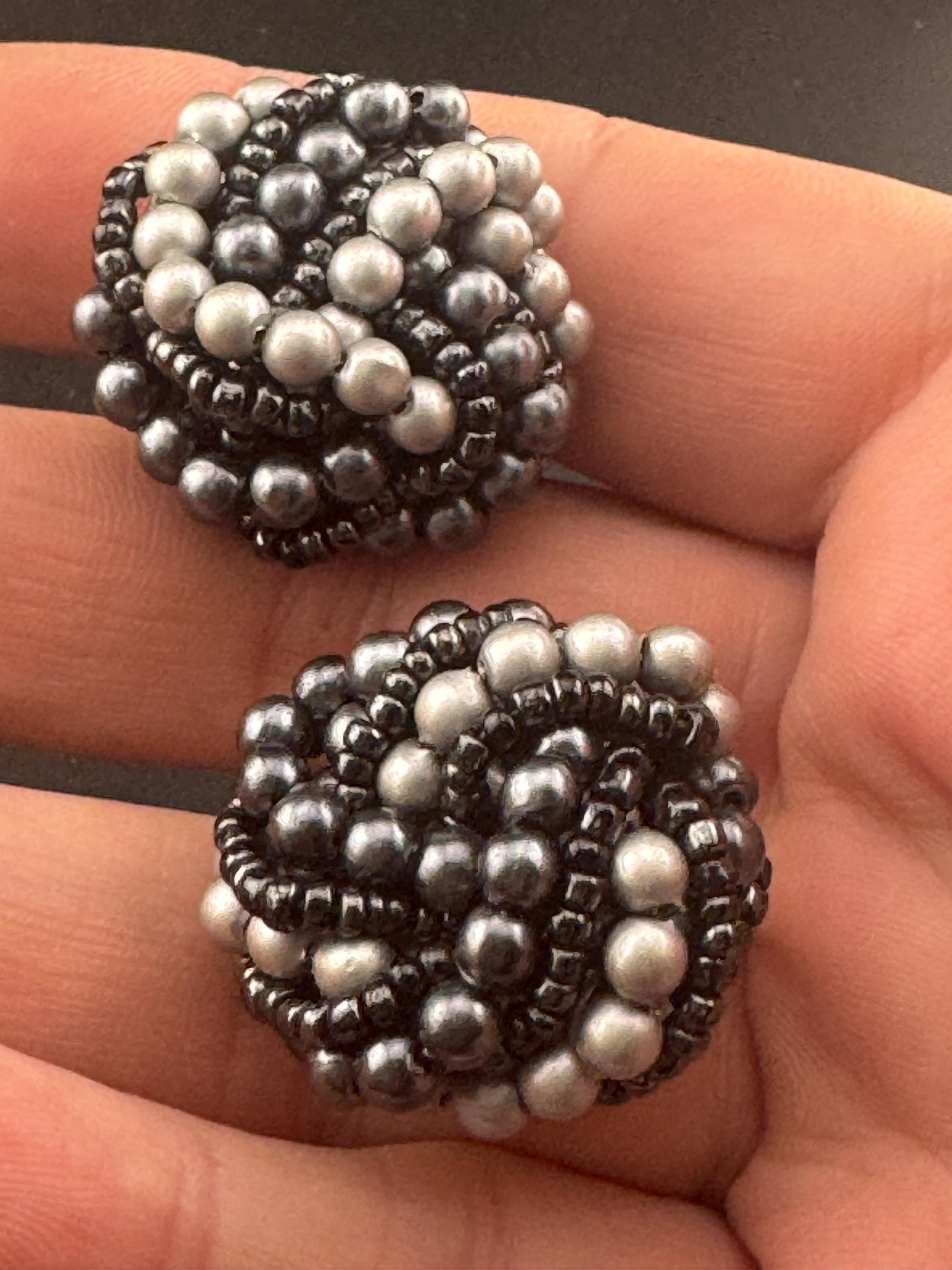 Black grey glass pearl seed bead turban clip on earrings vintage