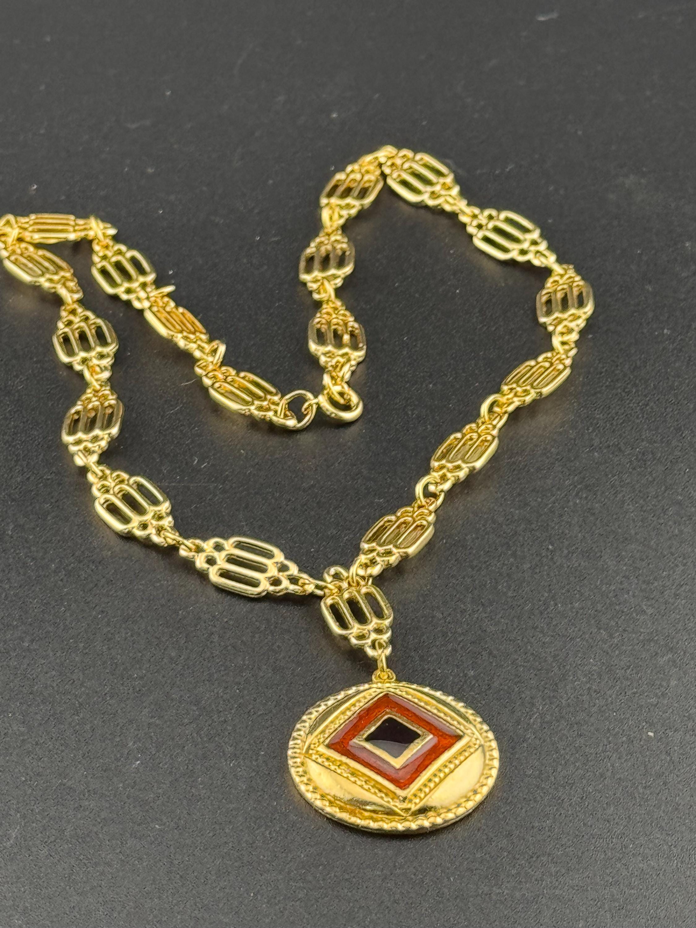 High End vintage black and brown enamel medallion pendant on fine fancy link Etruscan chain 44cm old shop stock