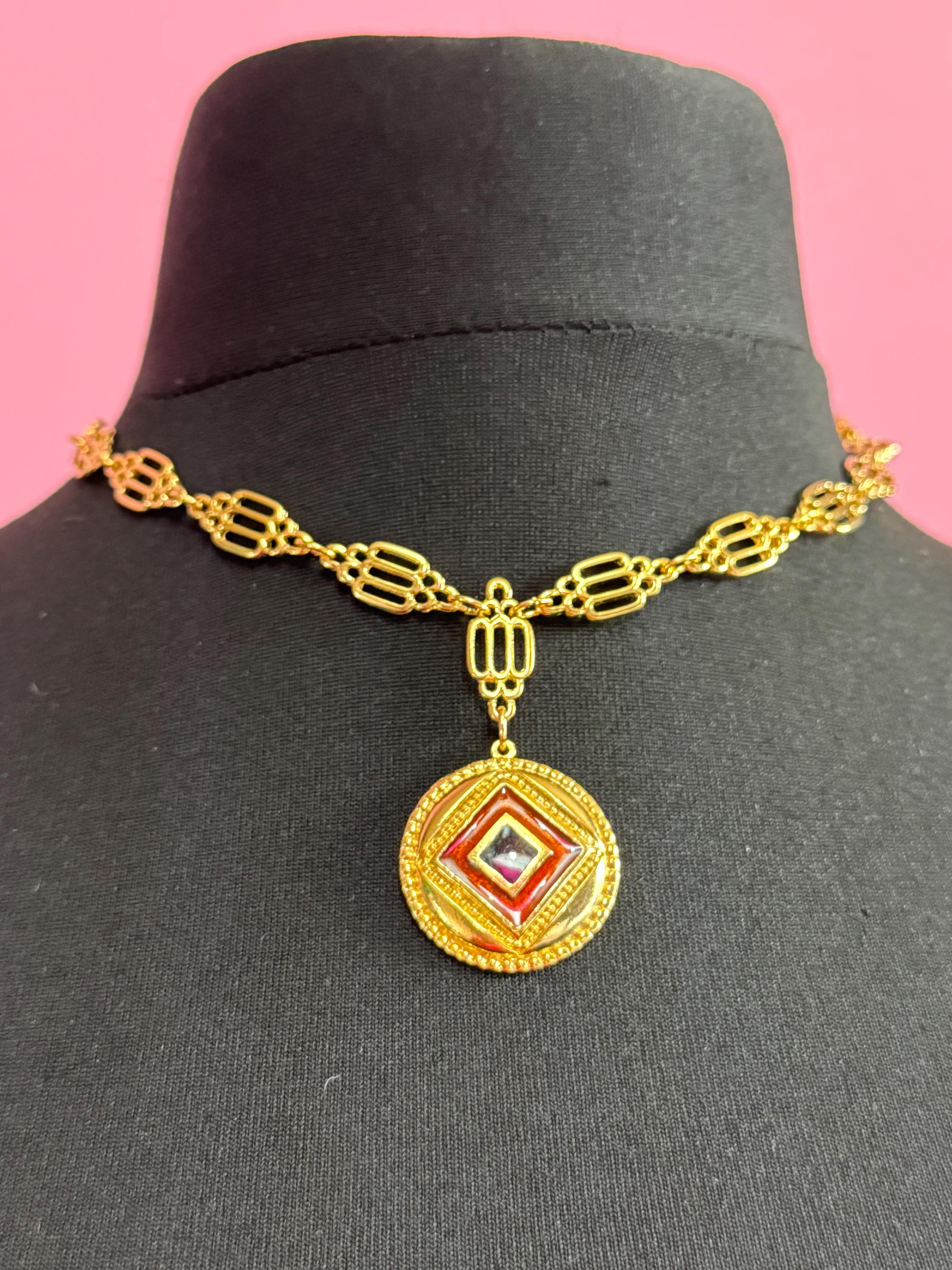 High End vintage black and brown enamel medallion pendant on fine fancy link Etruscan chain 44cm old shop stock