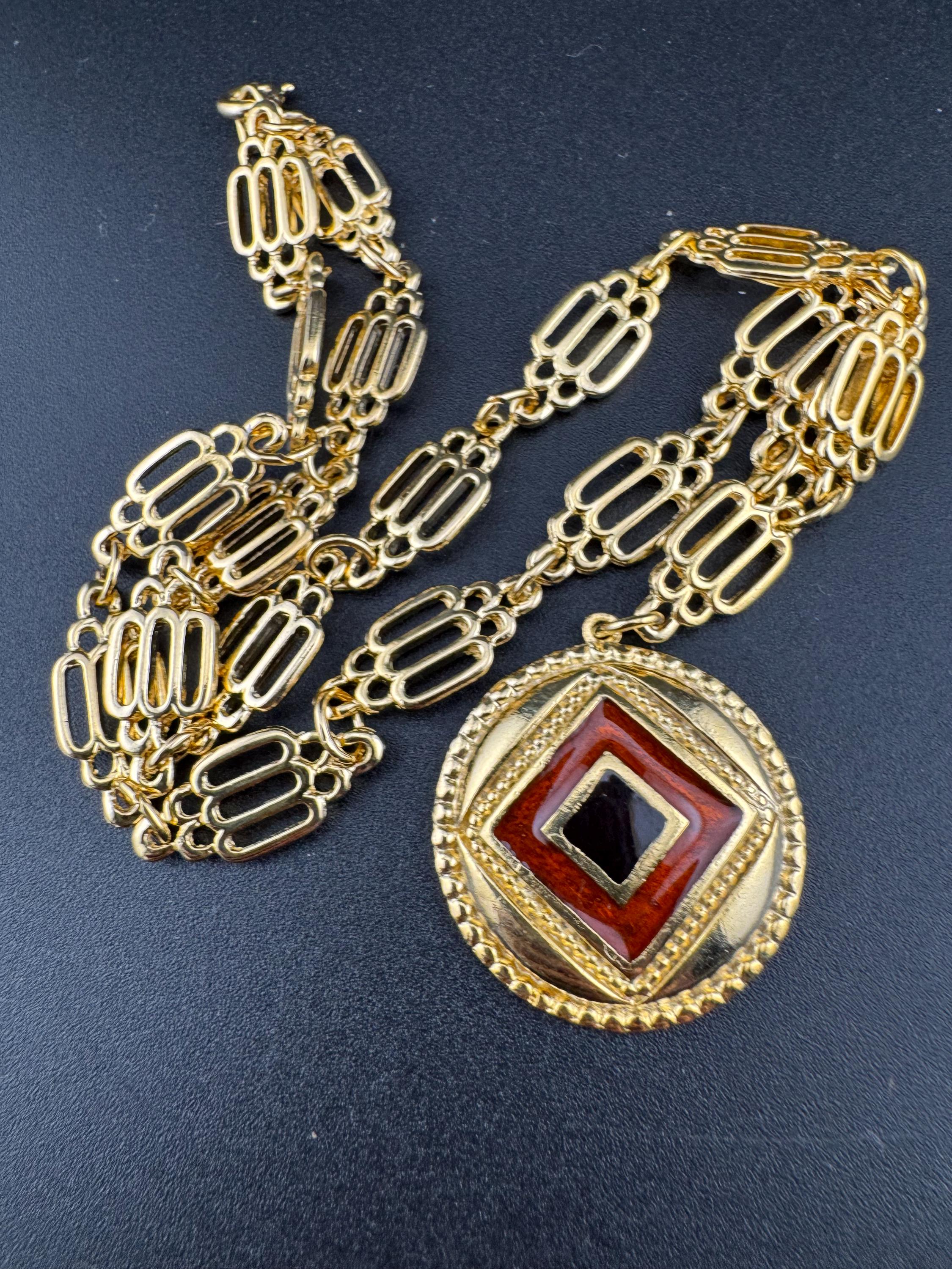 High End vintage black and brown enamel medallion pendant on fine fancy link Etruscan chain 44cm old shop stock