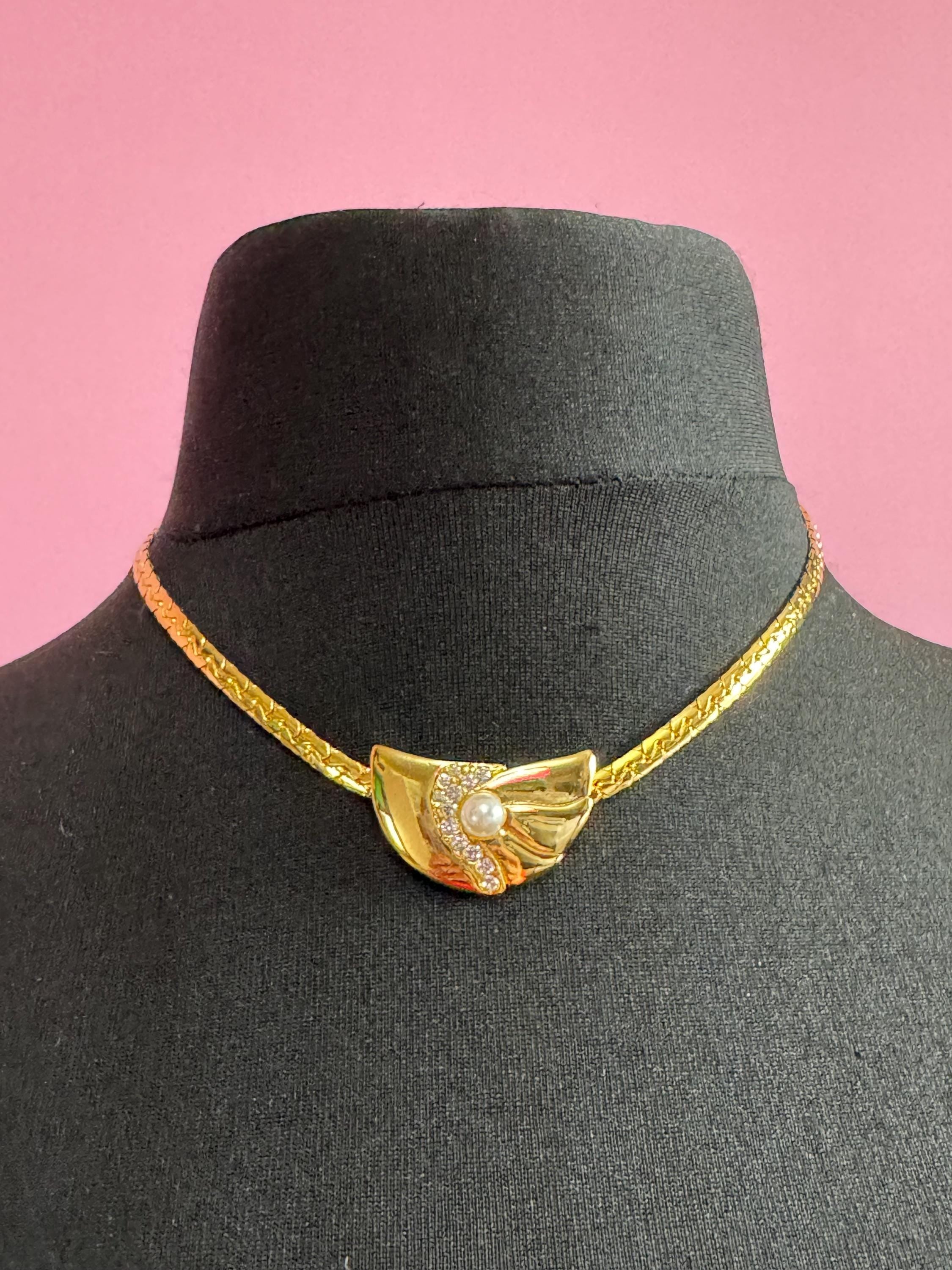 vintage modernist fine gold plated choker necklace with clear crystal and faux pearl pendant detail old shop stock