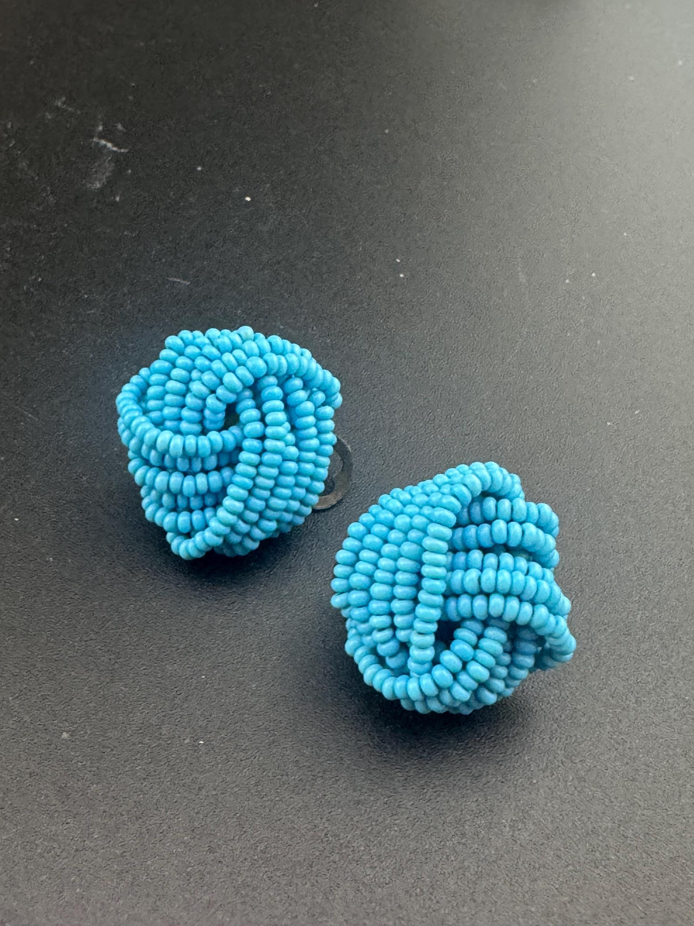 Vintage light ice blue seed beaded KNOT Cluster Clip On Earrings