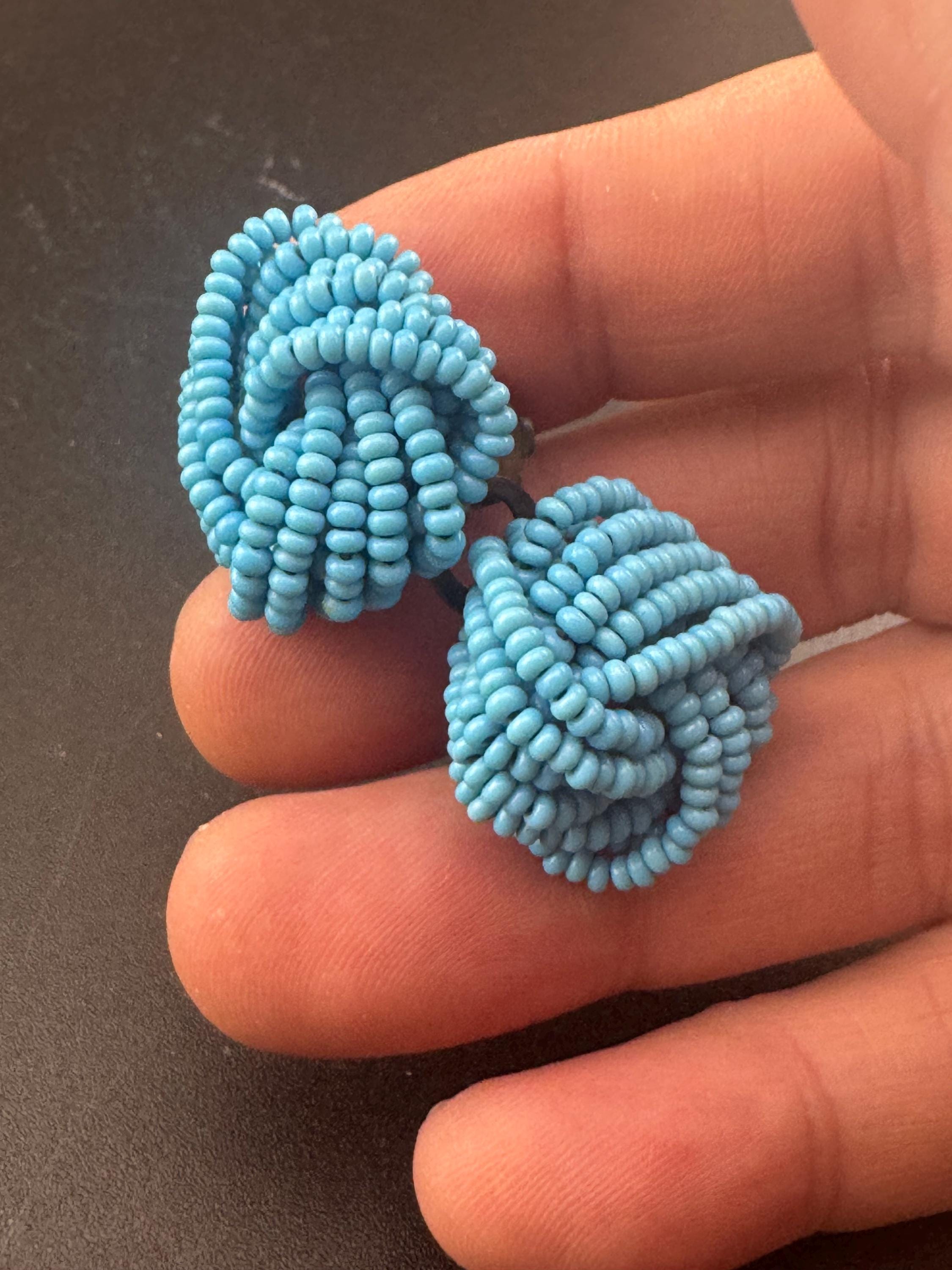 Vintage light ice blue seed beaded KNOT Cluster Clip On Earrings