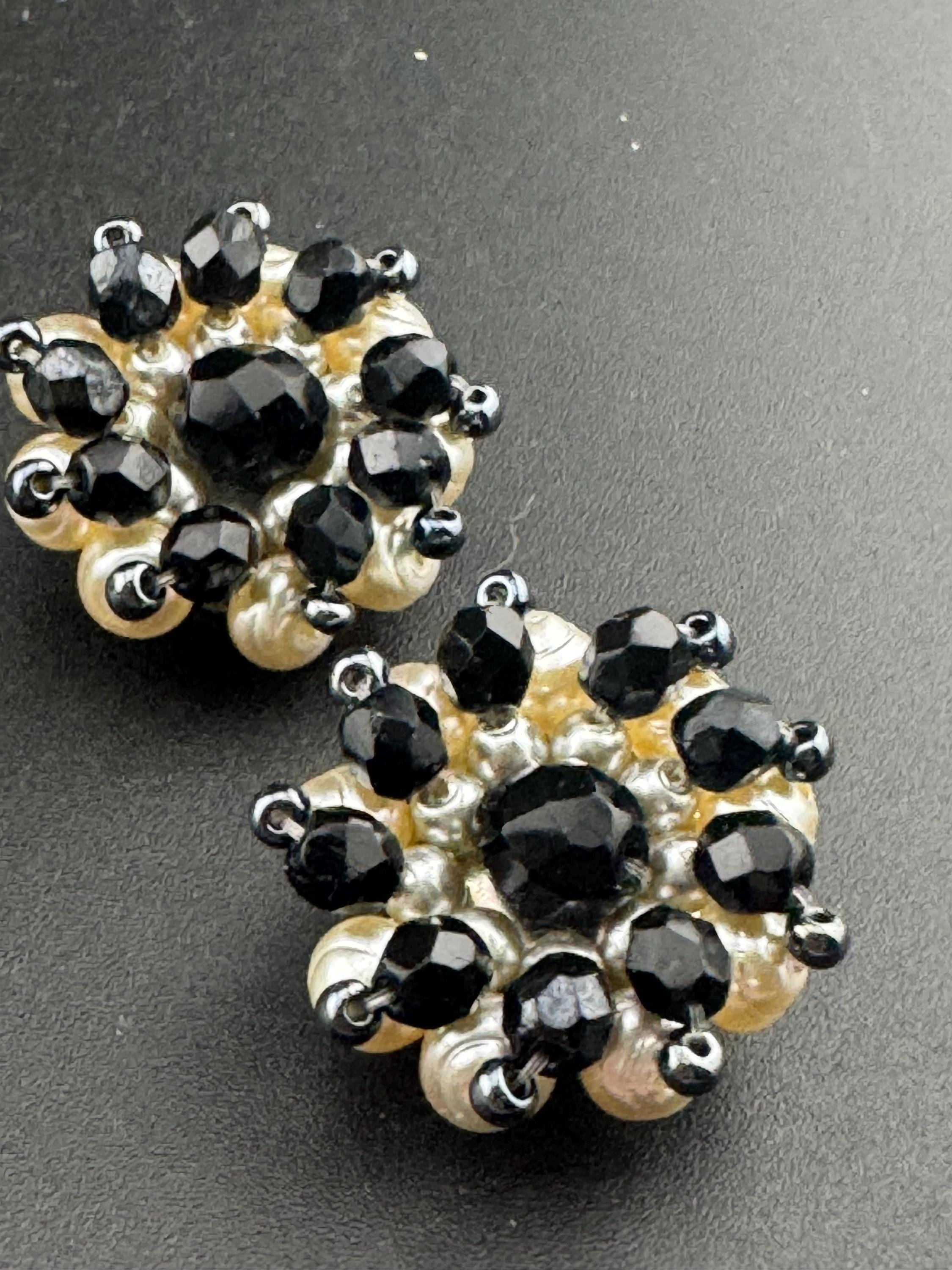 Vintage 1950s black faceted glass cream pearl beaded Cluster Clip On Earrings