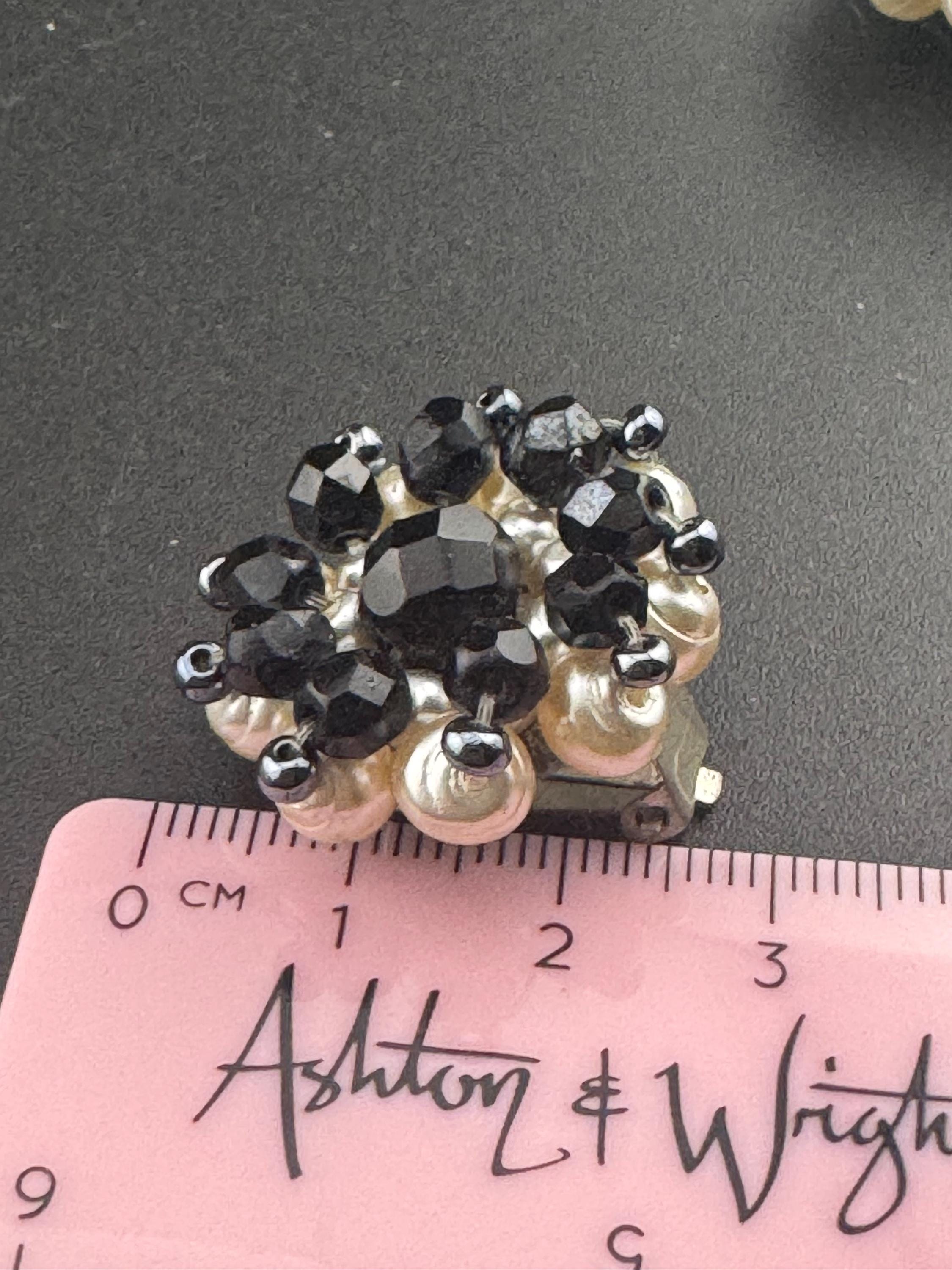 Vintage 1950s black faceted glass cream pearl beaded Cluster Clip On Earrings