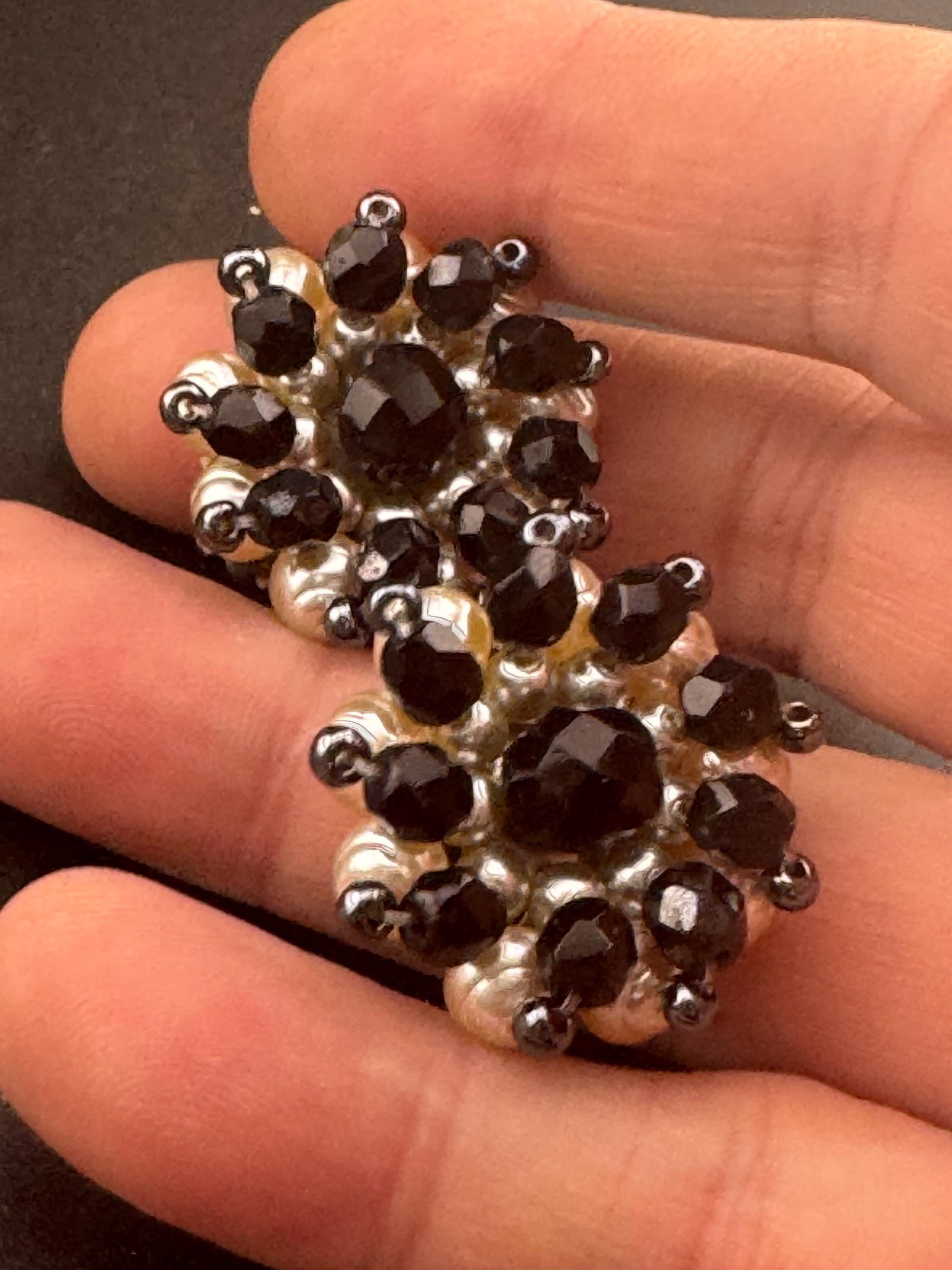 Vintage 1950s black faceted glass cream pearl beaded Cluster Clip On Earrings