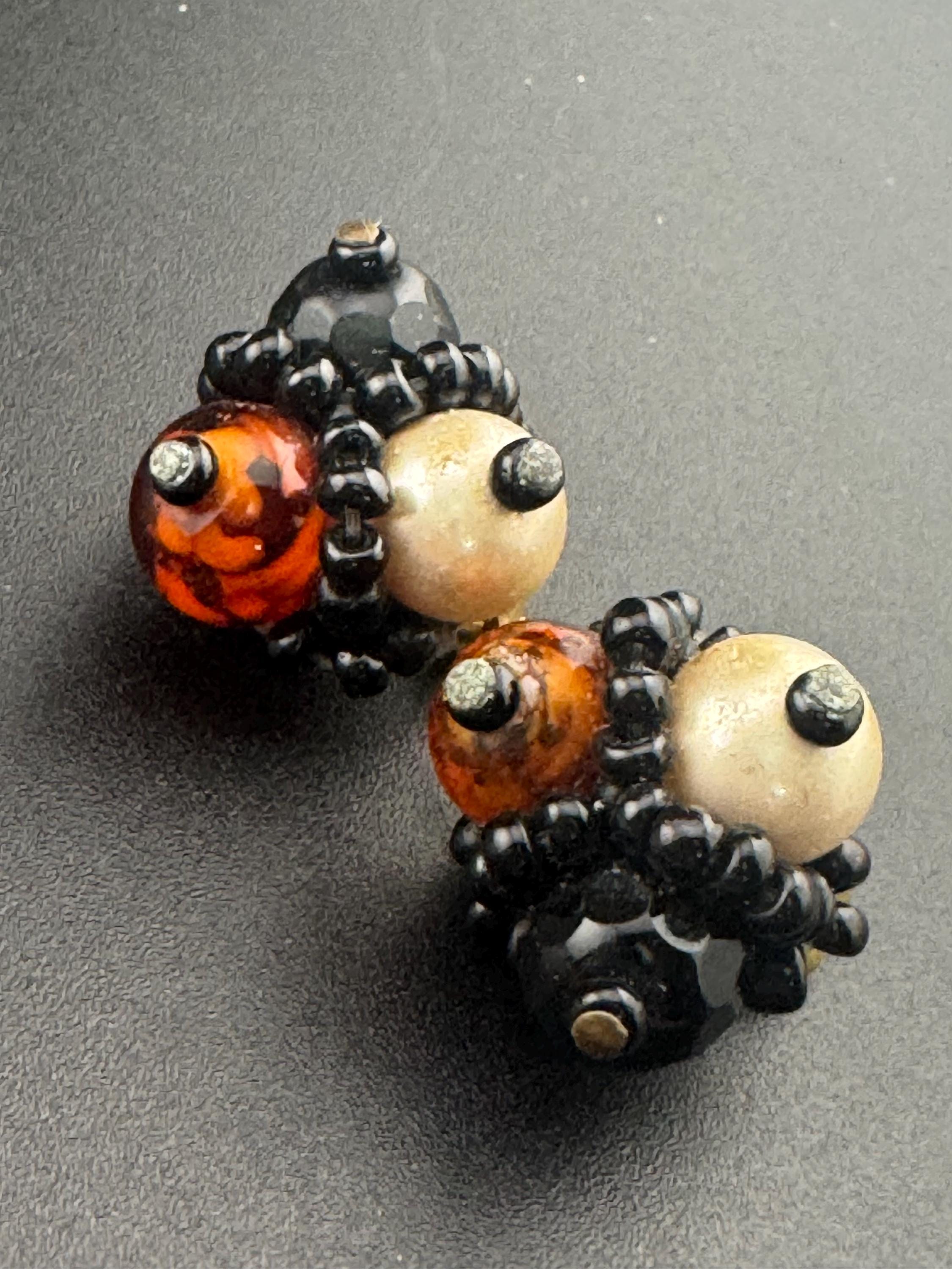 Orange black brown glass seed bead  clip on earrings vintage