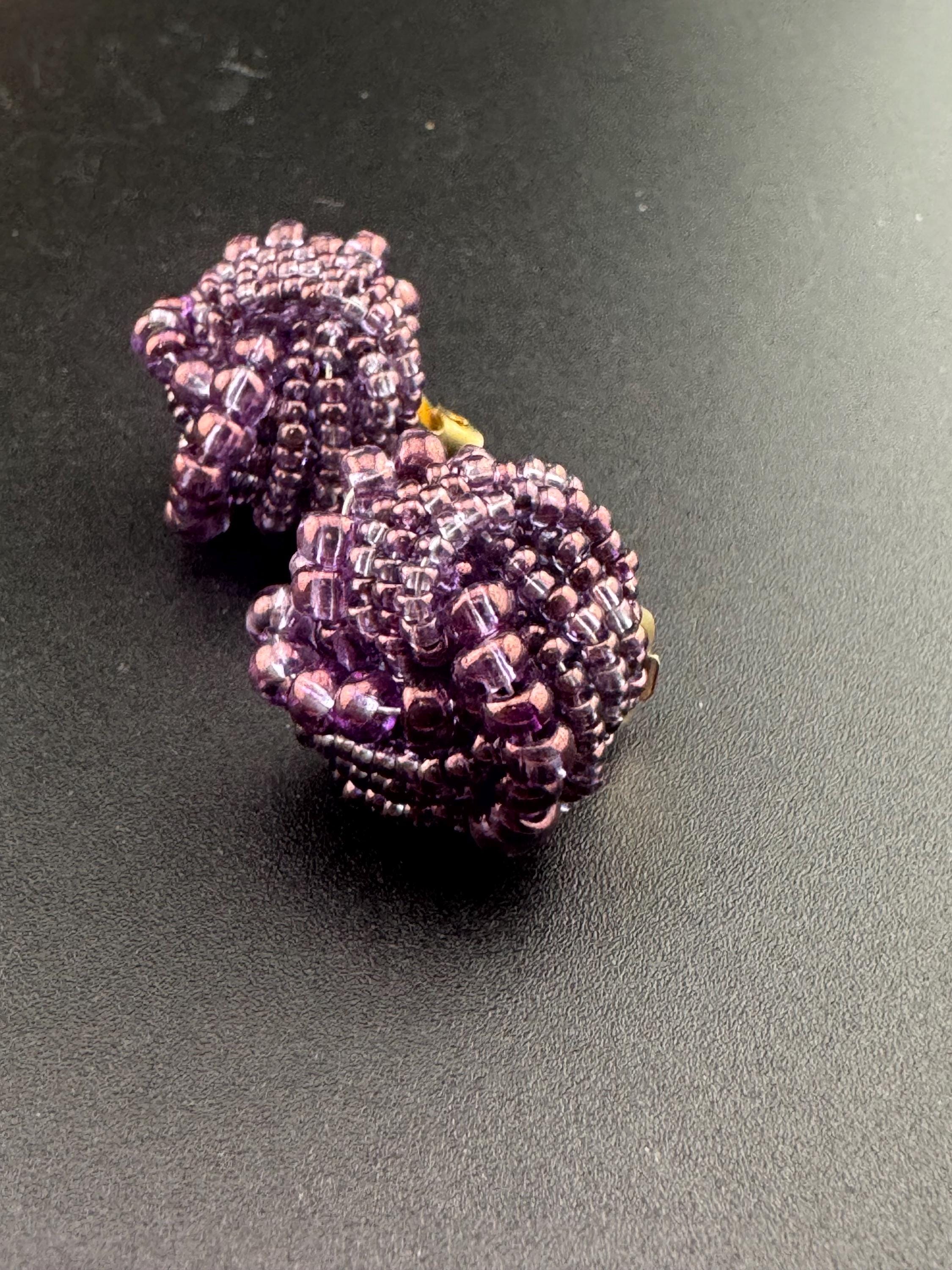 Vintage purple seed beaded KNOT Cluster Clip On Earrings