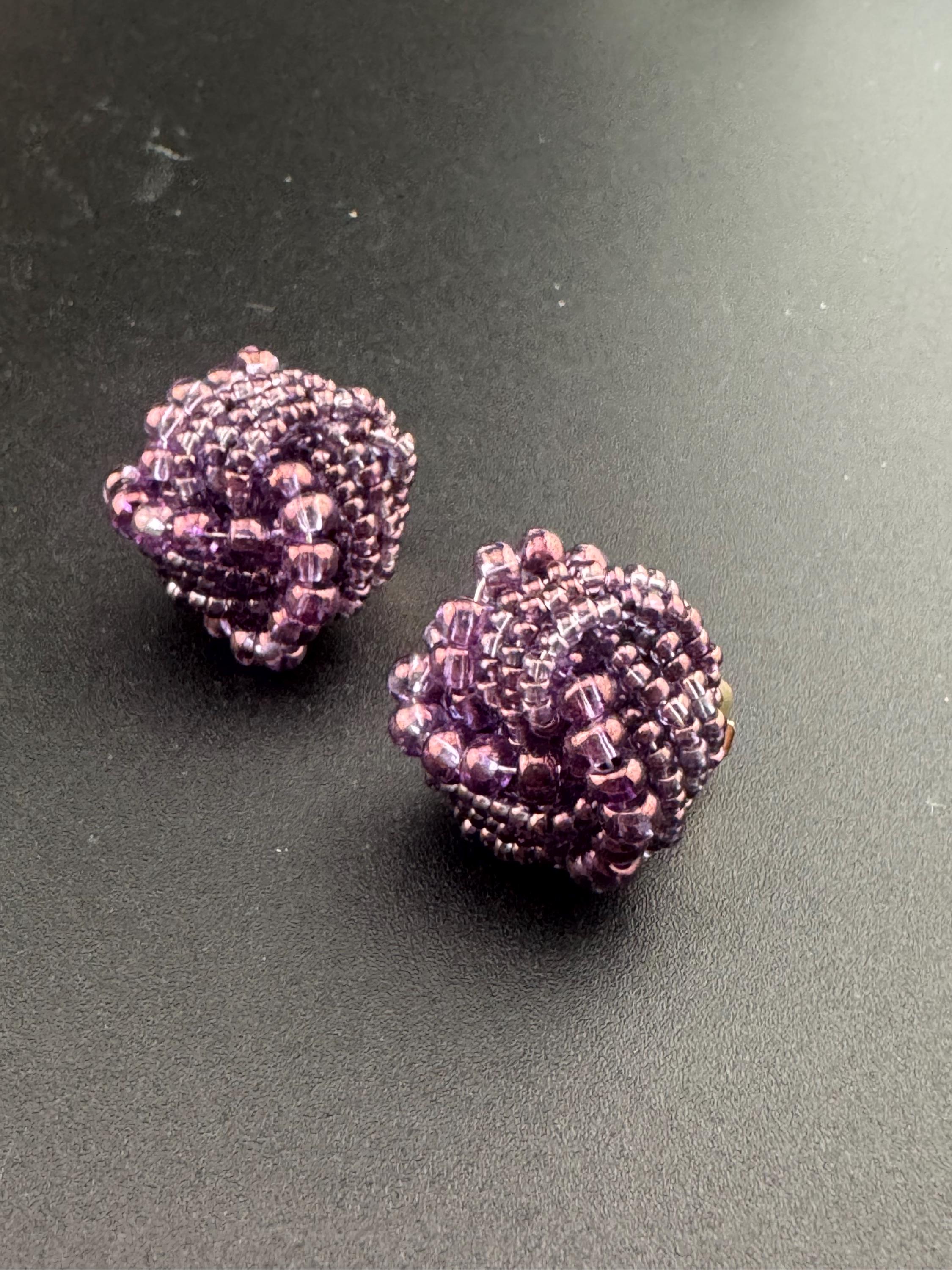 Vintage purple seed beaded KNOT Cluster Clip On Earrings