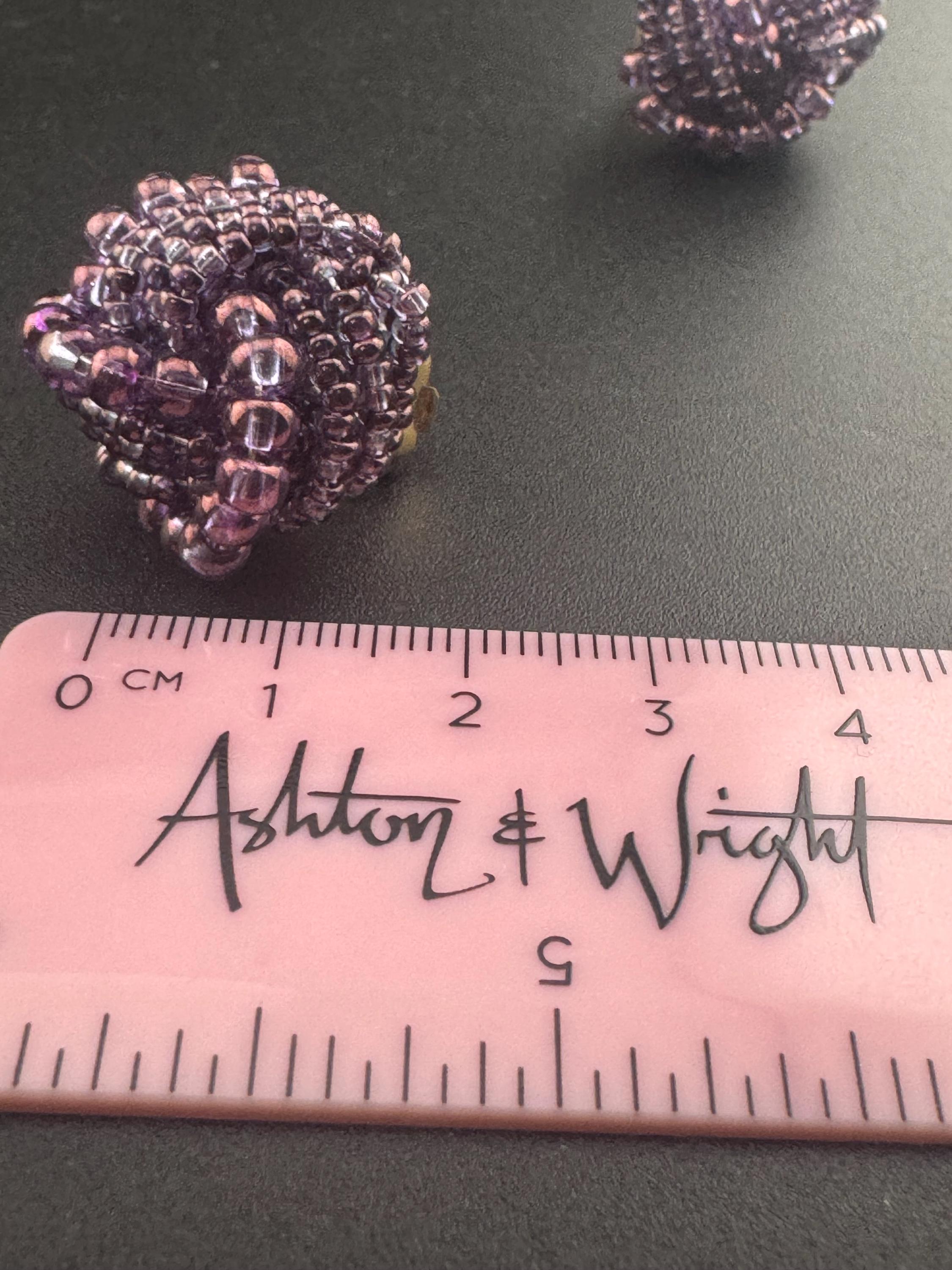 Vintage purple seed beaded KNOT Cluster Clip On Earrings