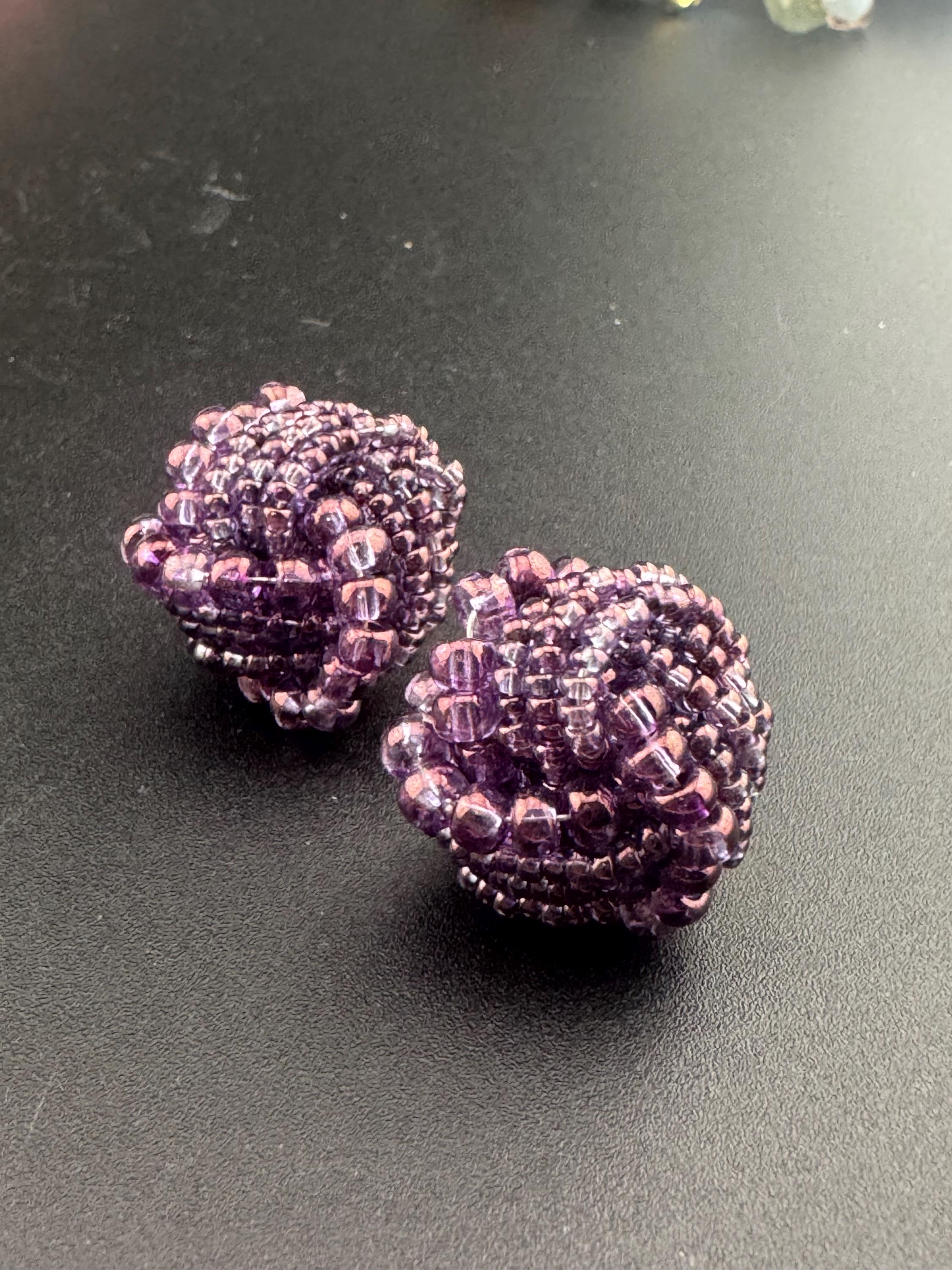 Vintage purple seed beaded KNOT Cluster Clip On Earrings