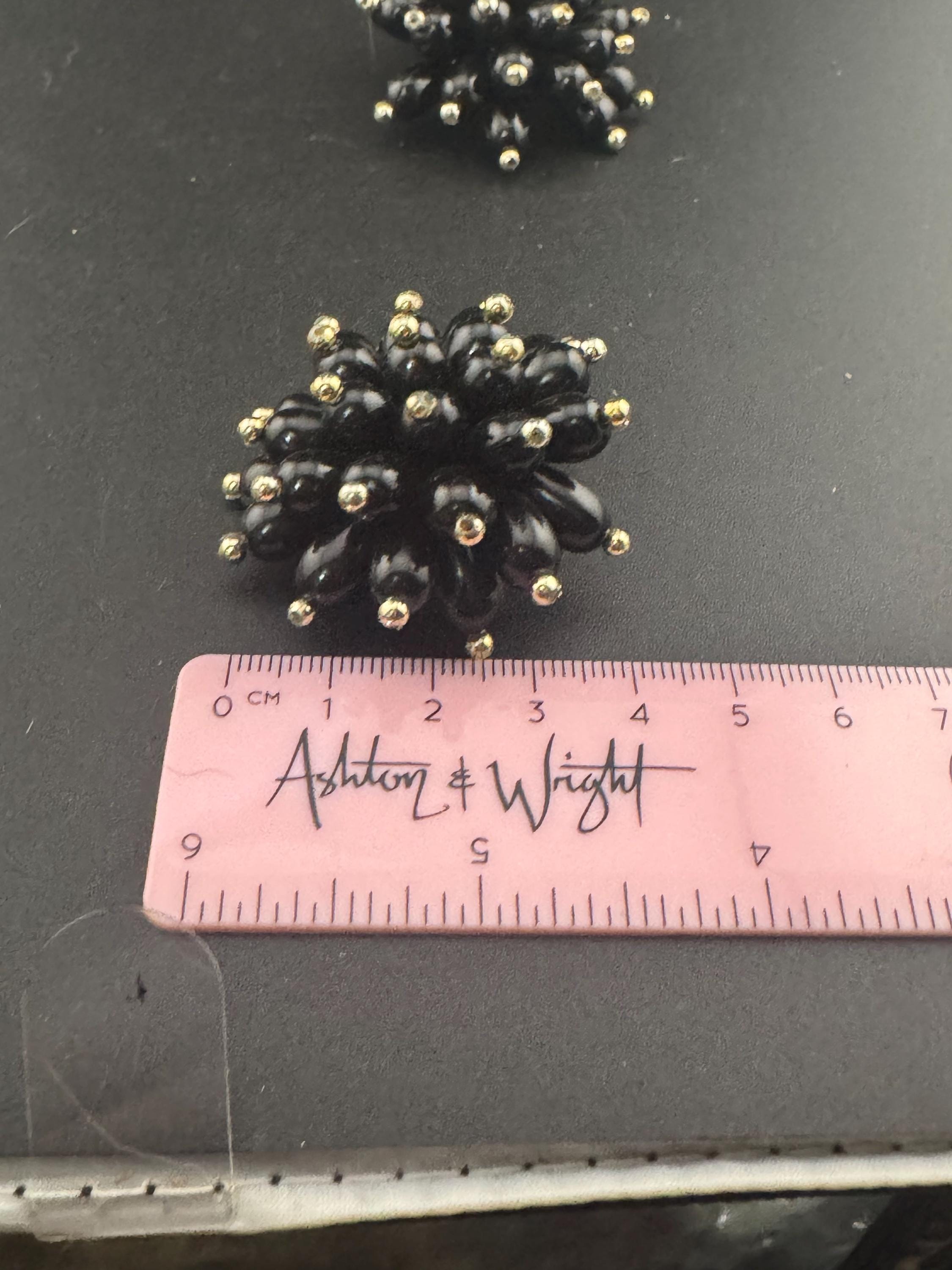 Oversized 4cm black gold plastic cluster beaded round domed Clip On Earrings Vintage