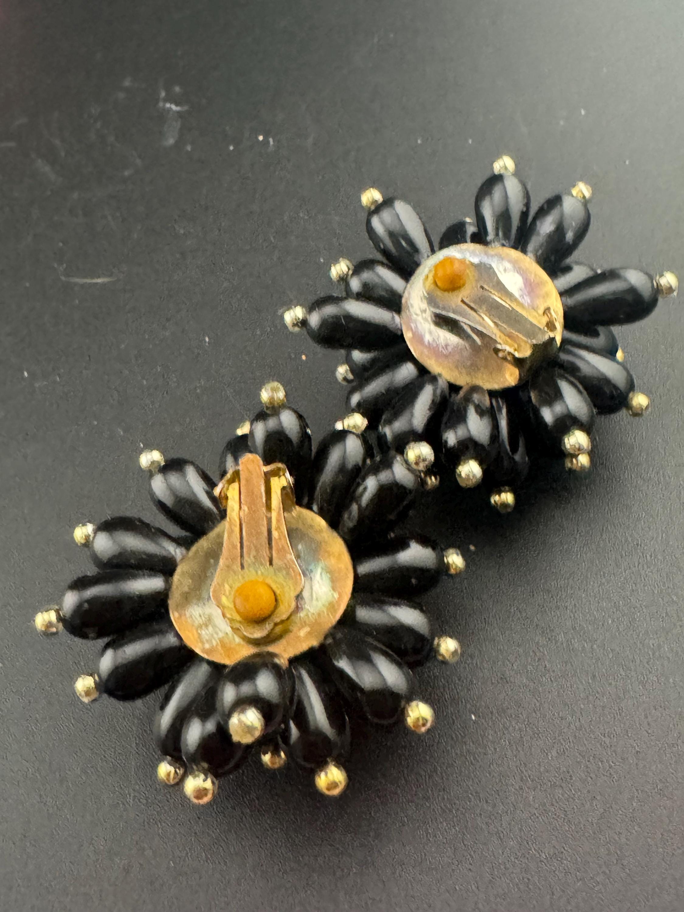 Oversized 4cm black gold plastic cluster beaded round domed Clip On Earrings Vintage