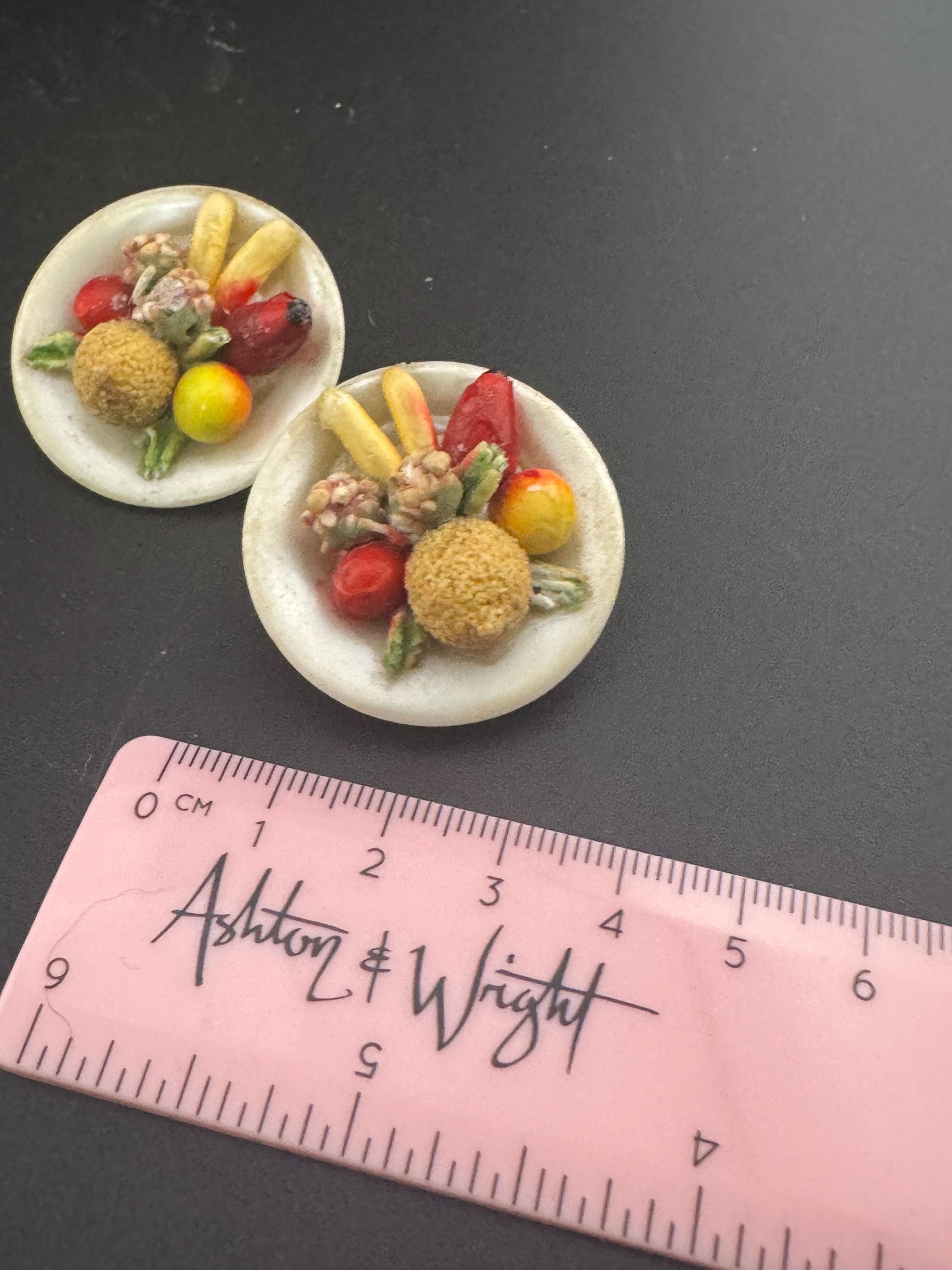 Antique FRUIT Basket clip on stud earrings 1930s