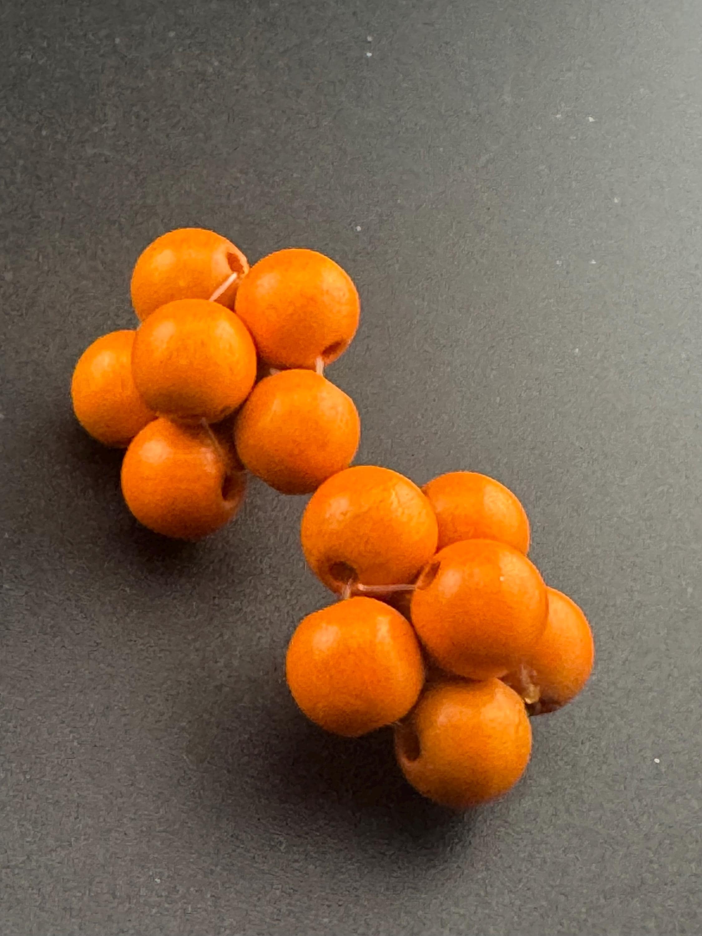 Vintage natural wooden round bright orange beaded cluster earrings