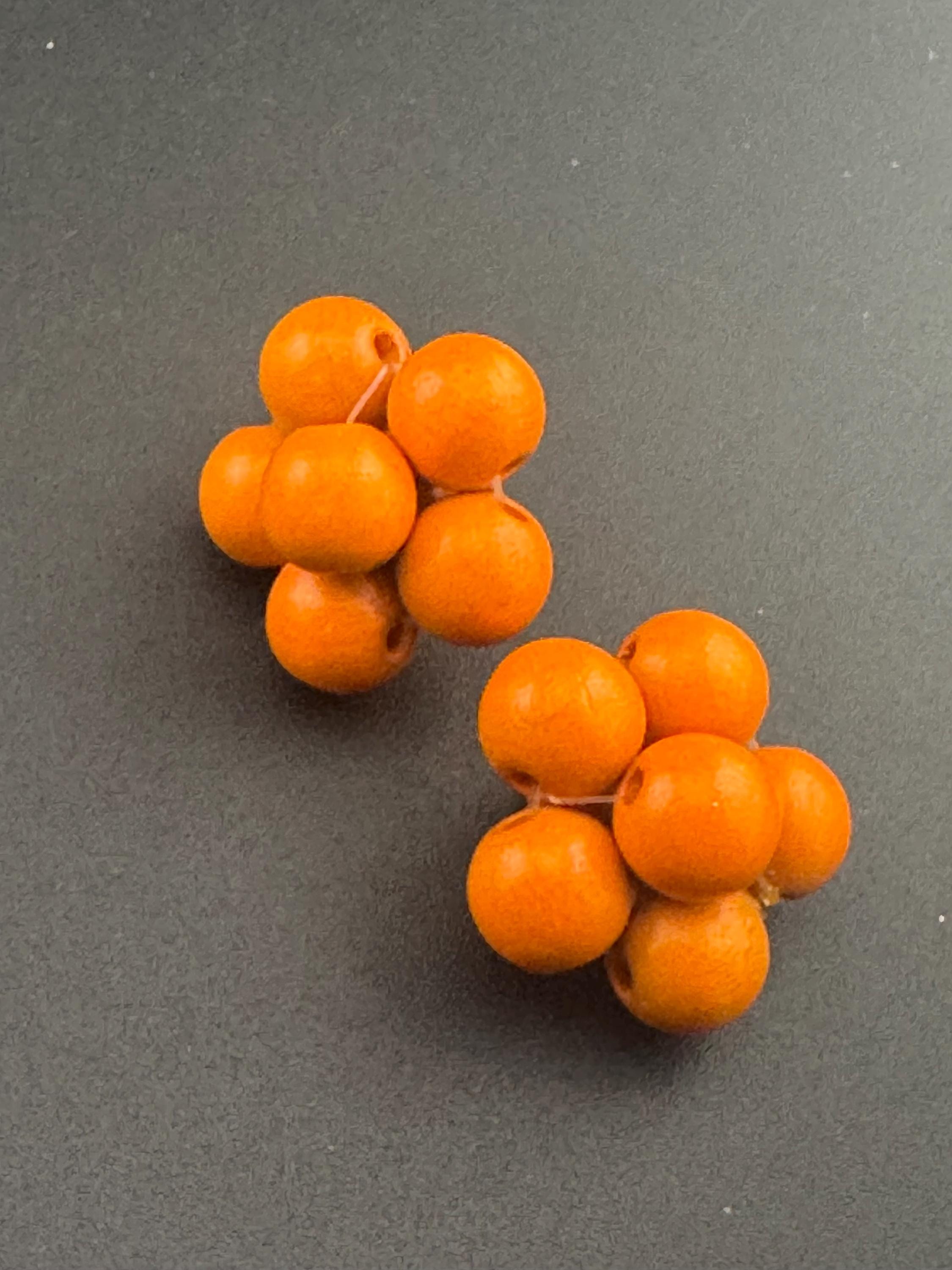 Vintage natural wooden round bright orange beaded cluster earrings