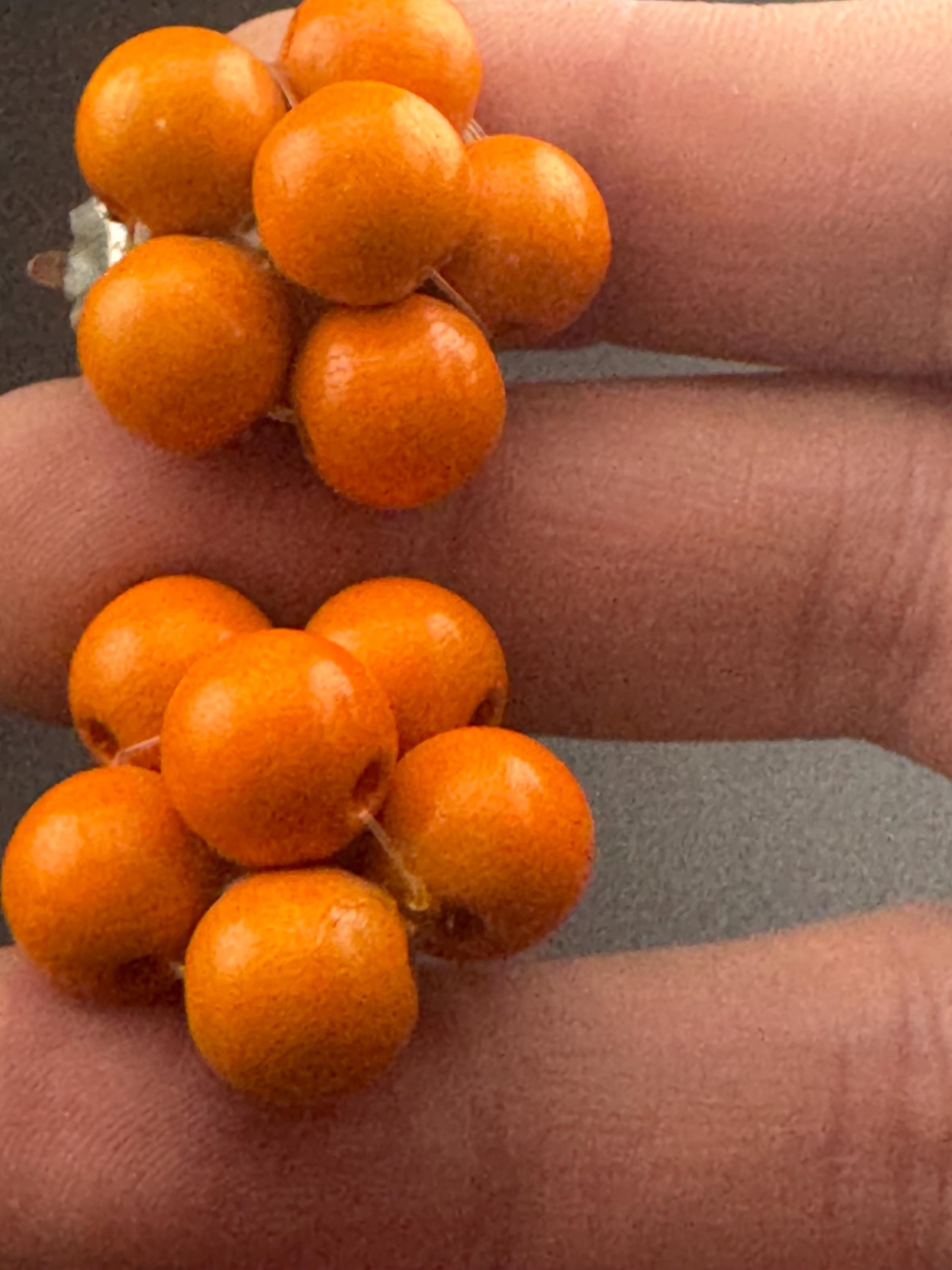 Vintage natural wooden round bright orange beaded cluster earrings