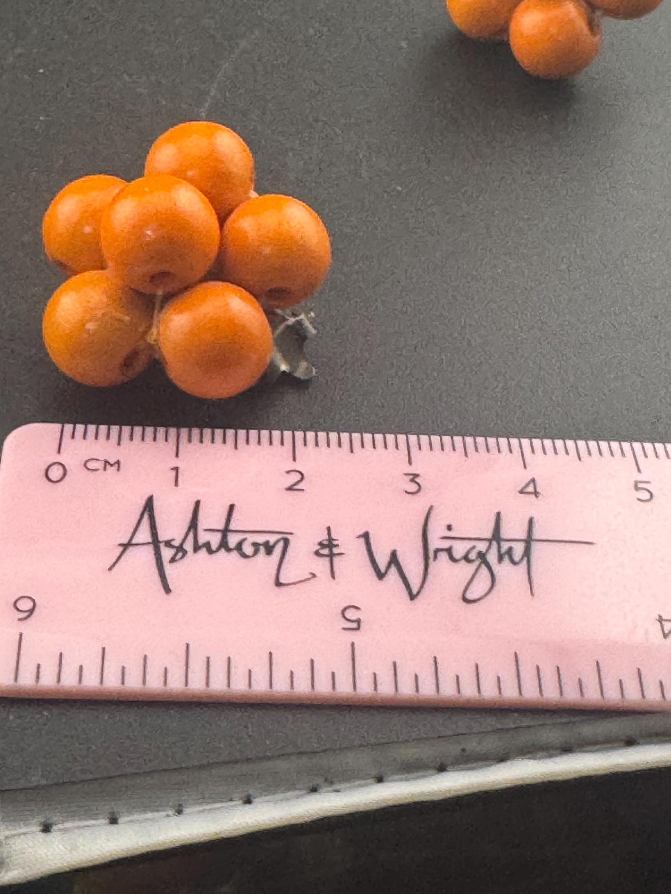 Vintage natural wooden round bright orange beaded cluster earrings