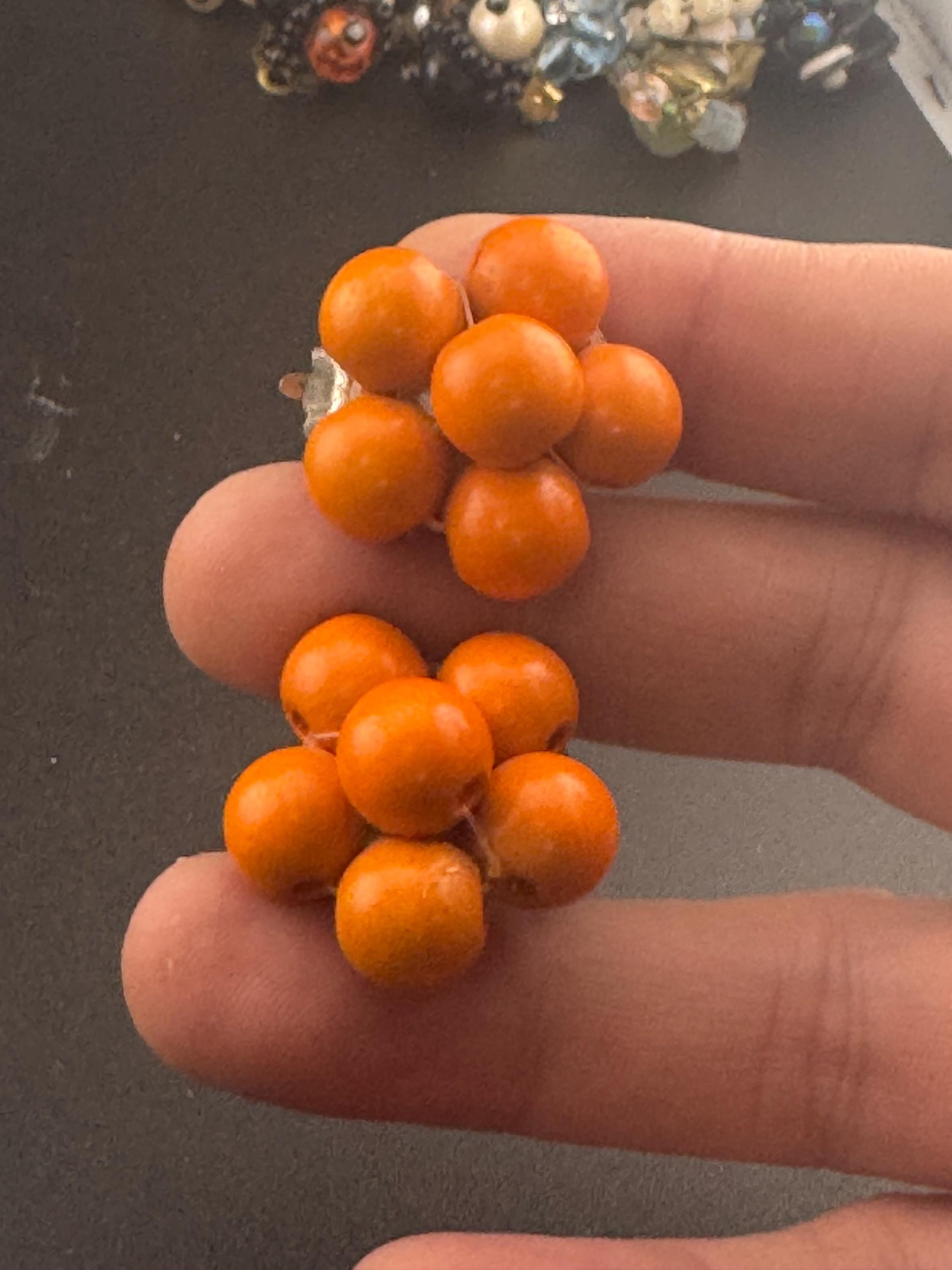 Vintage natural wooden round bright orange beaded cluster earrings