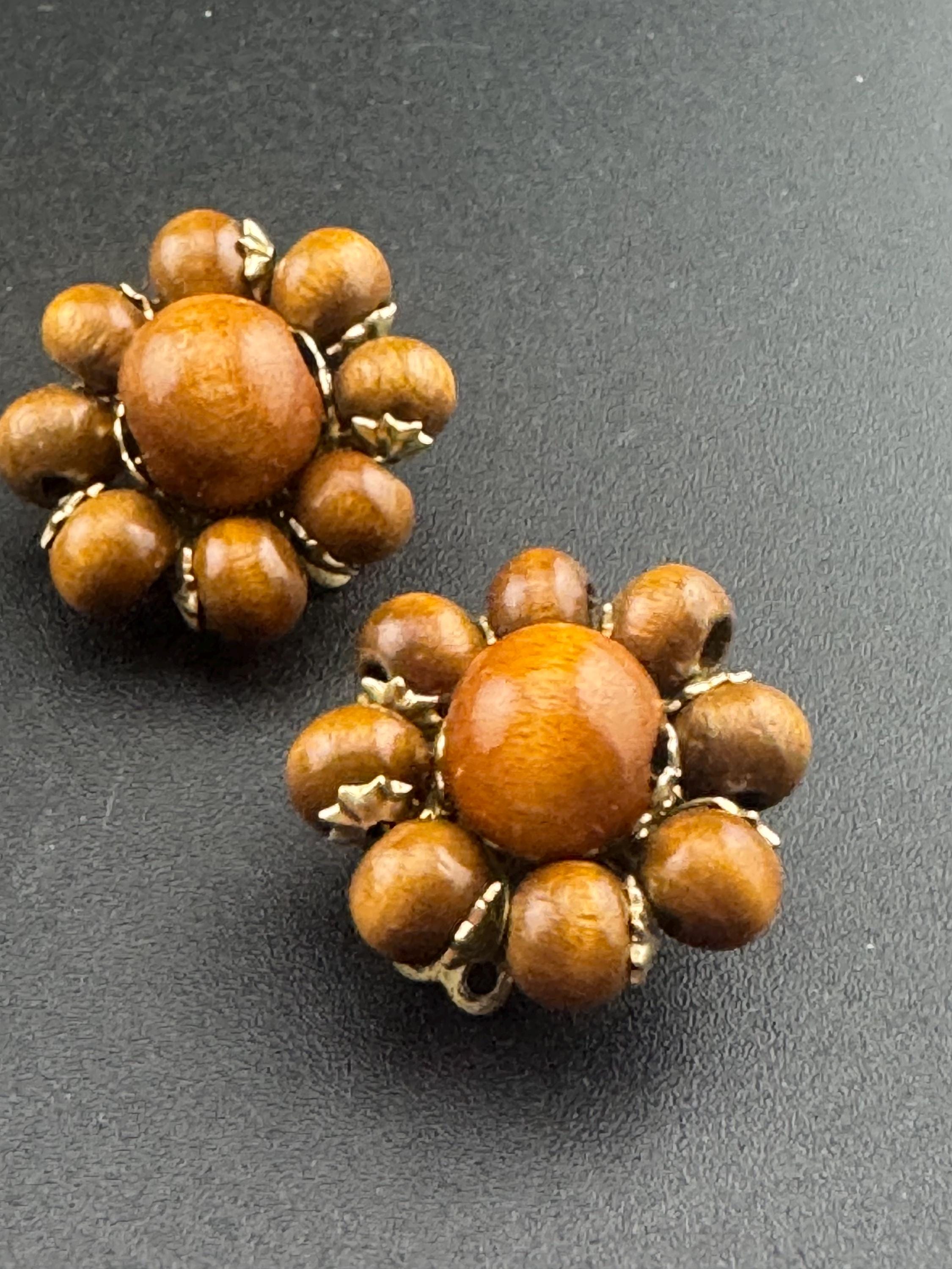 Vintage natural wooden round  brown beaded cluster earrings