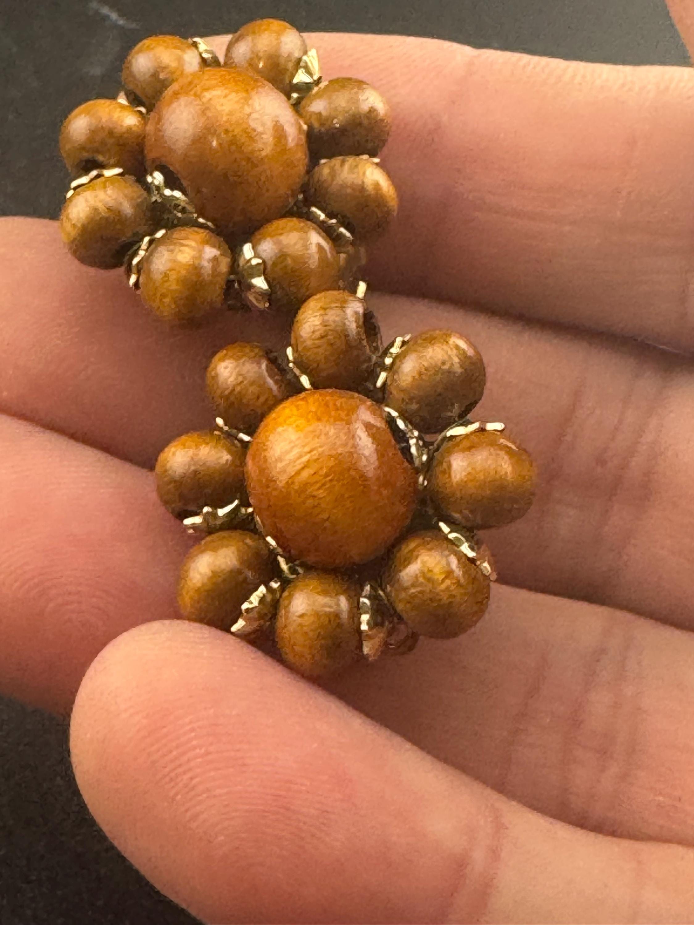 Vintage natural wooden round  brown beaded cluster earrings