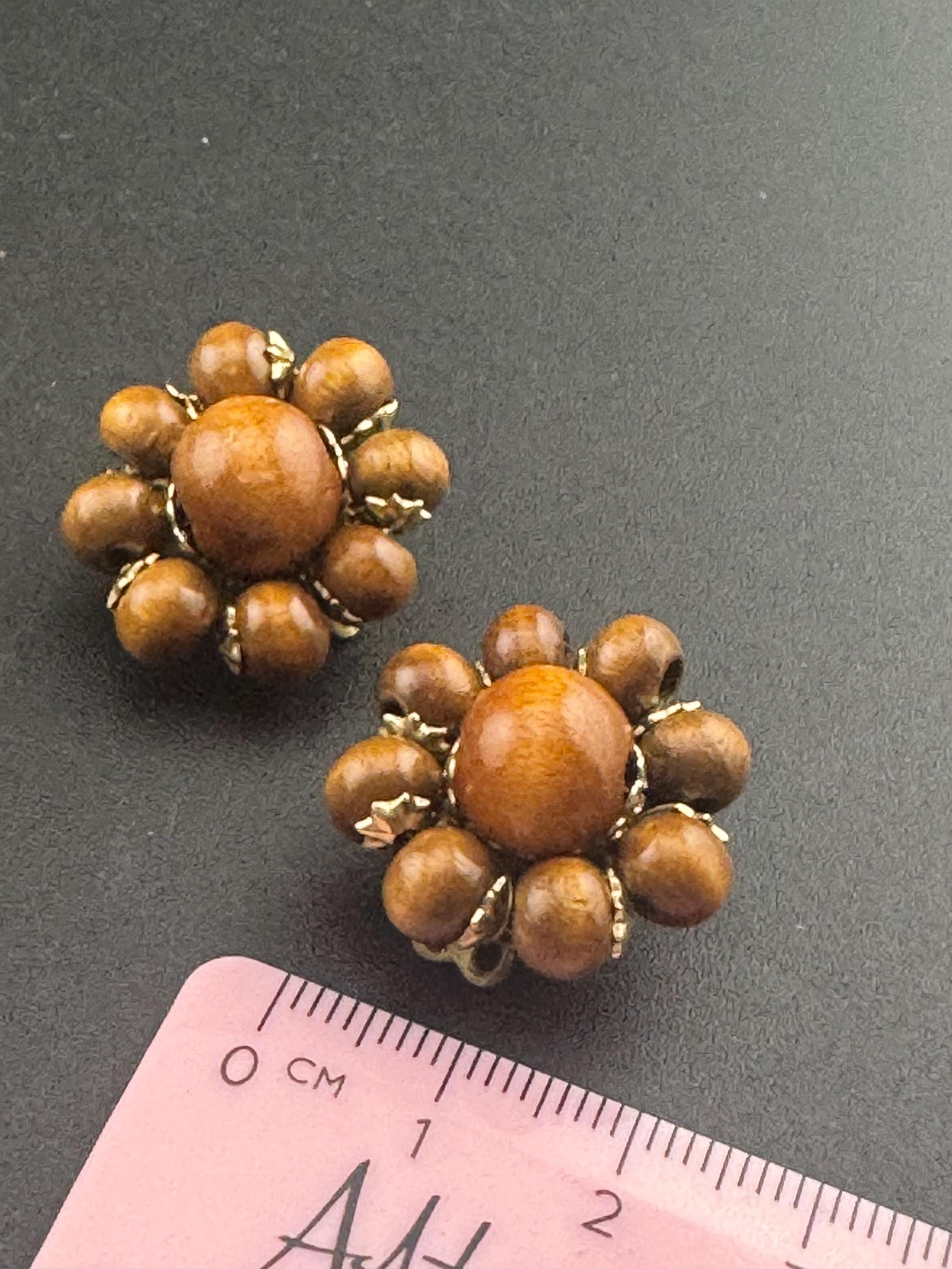 Vintage natural wooden round  brown beaded cluster earrings