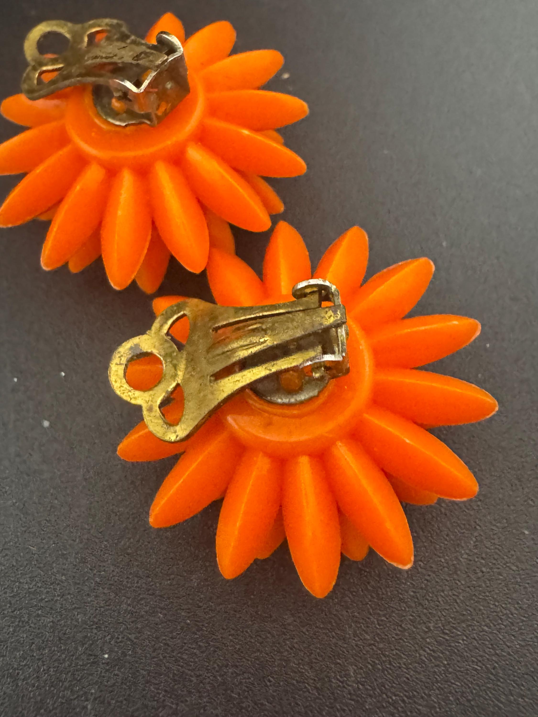 Vintage 1950s bright orange plastic Cluster Clip On Earrings