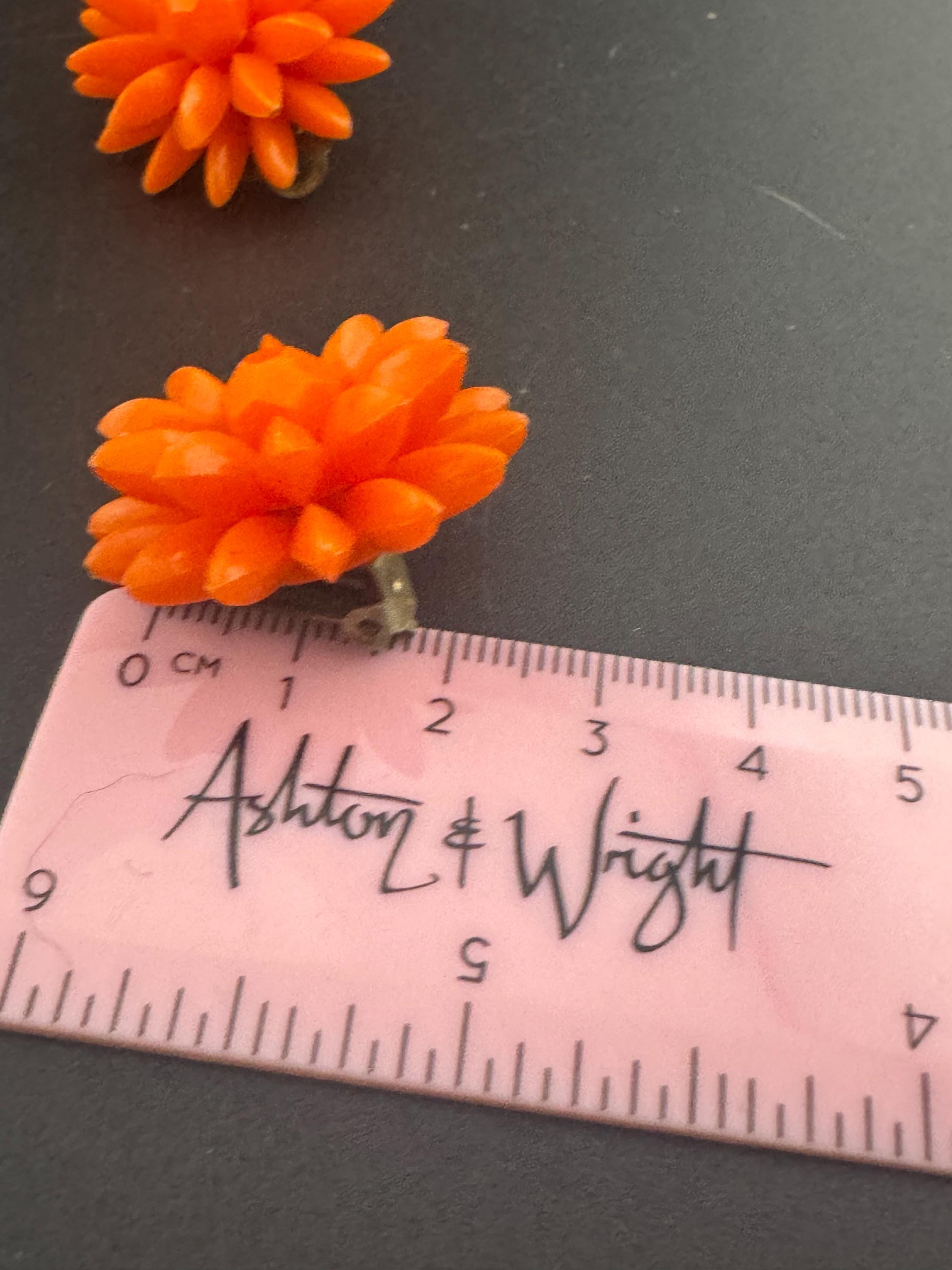 Vintage 1950s bright orange plastic Cluster Clip On Earrings