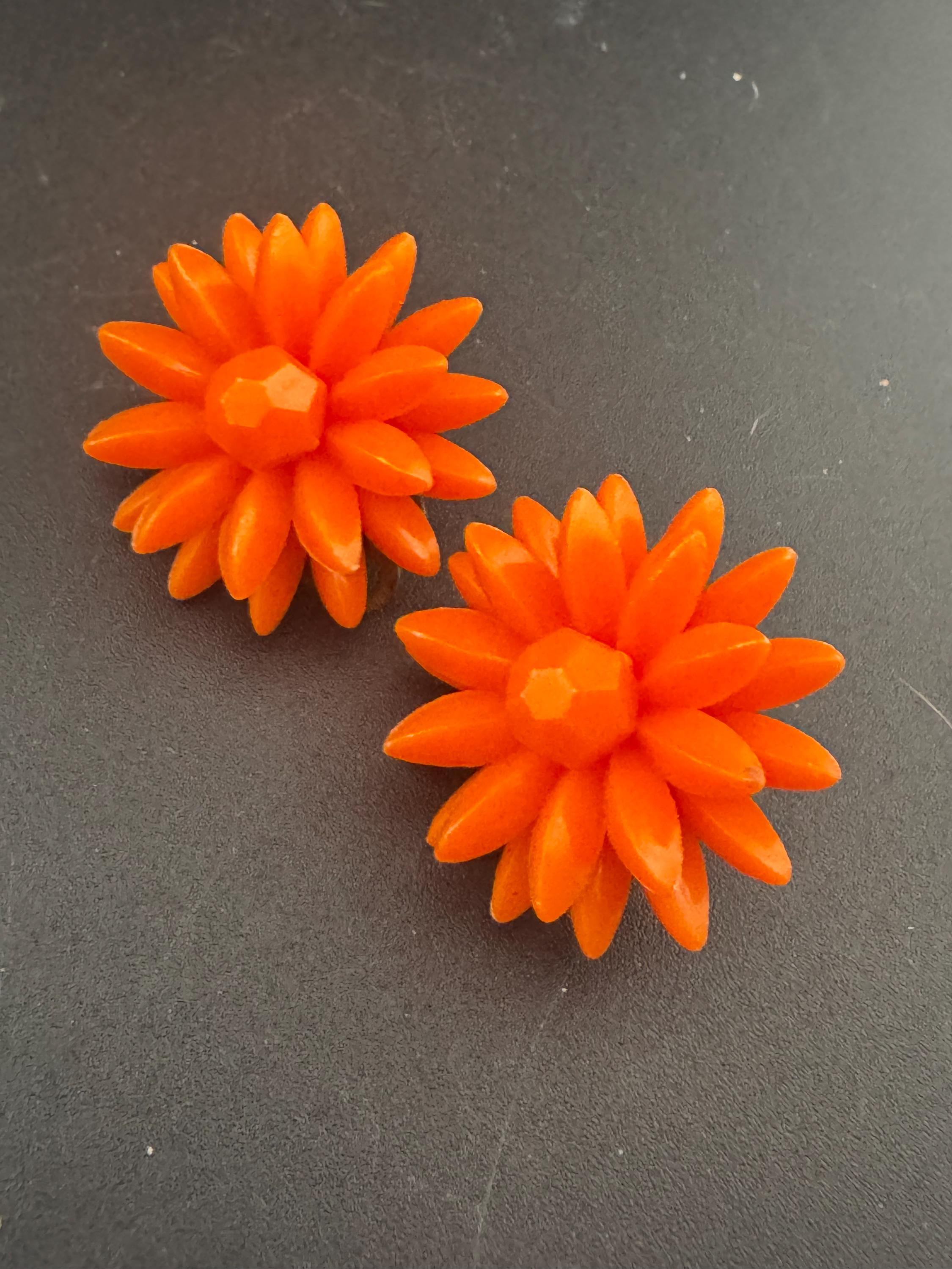 Vintage 1950s bright orange plastic Cluster Clip On Earrings