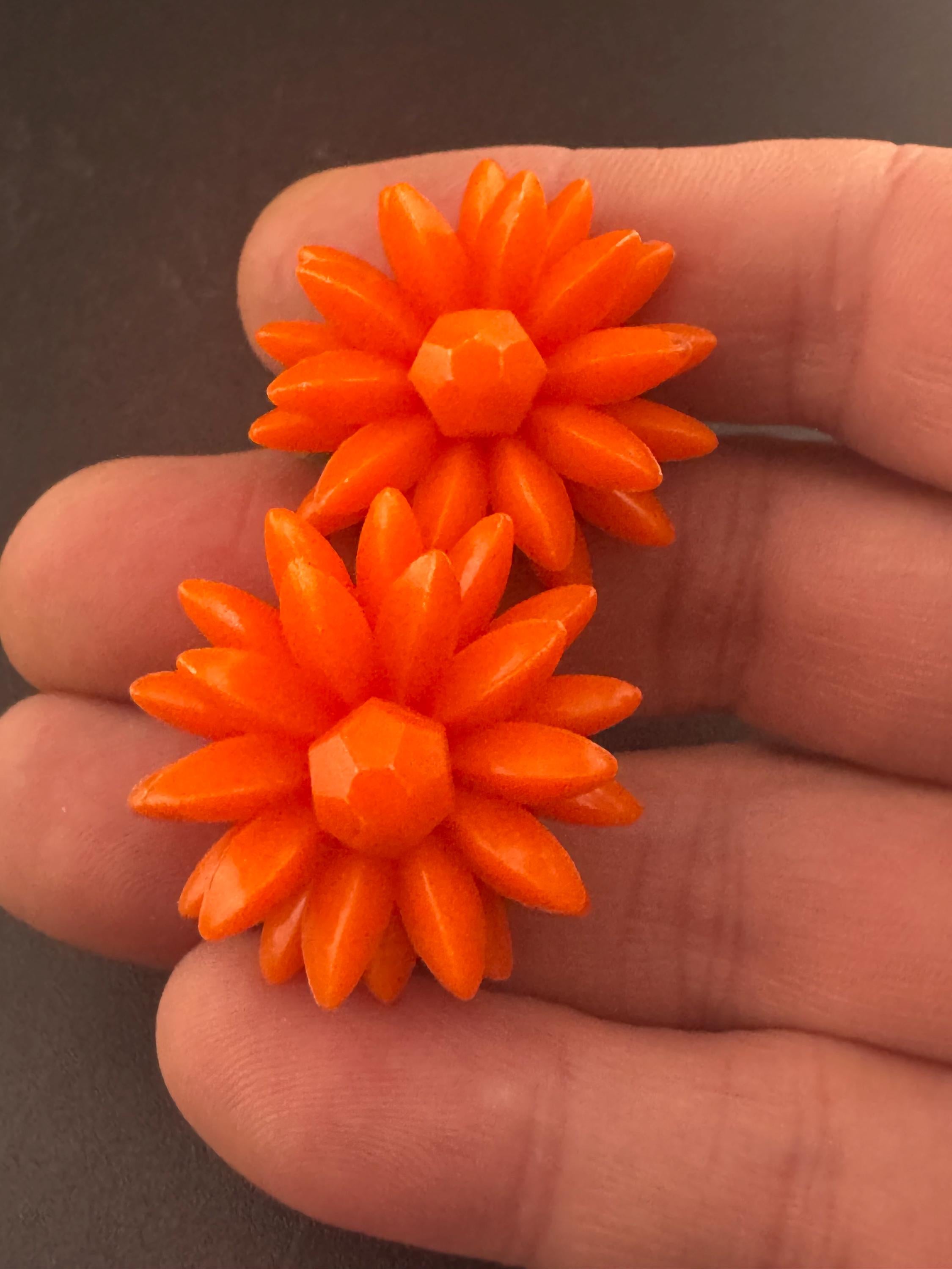 Vintage 1950s bright orange plastic Cluster Clip On Earrings