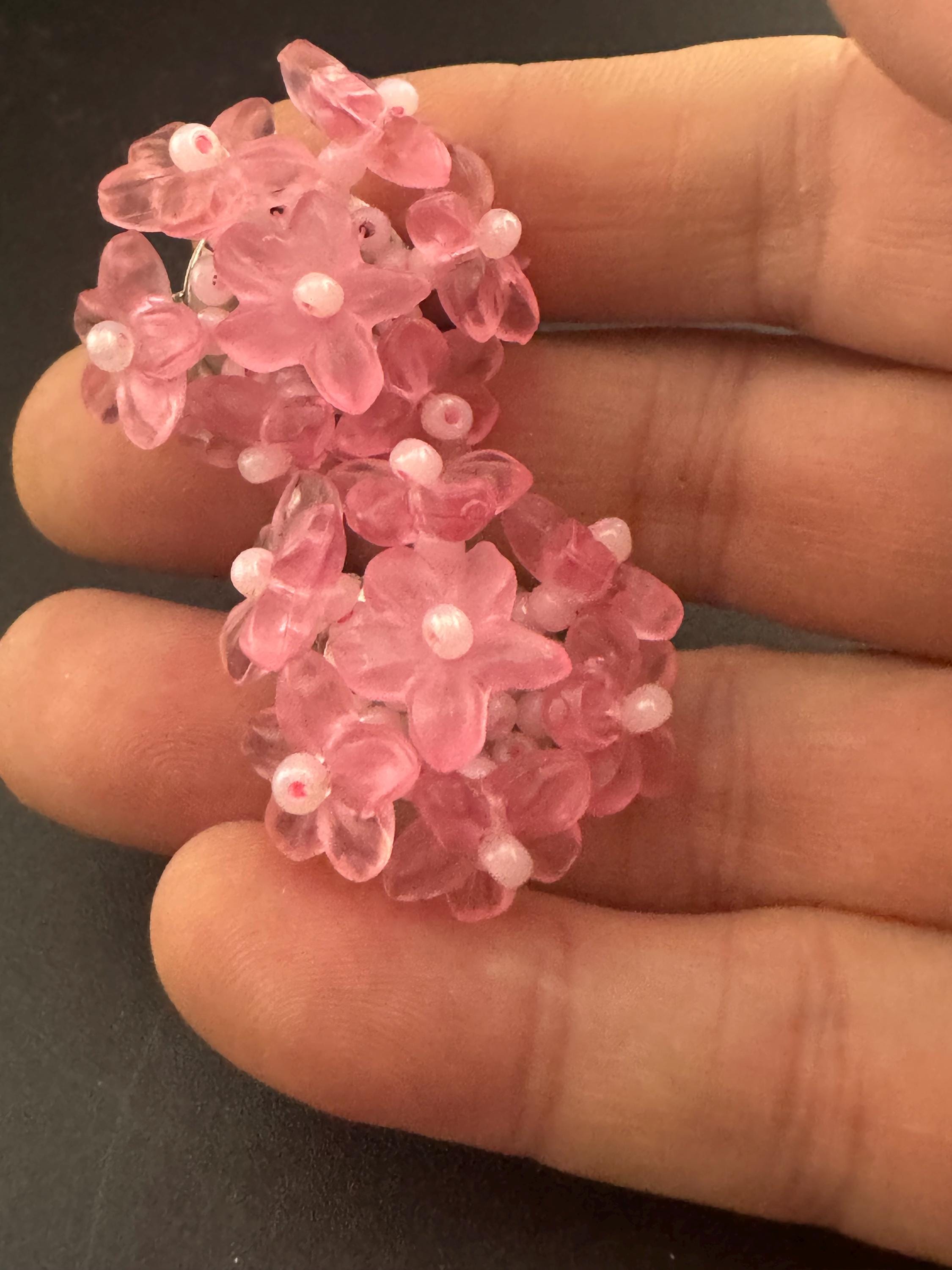 Vintage Funky pink floral plastic  beaded Cluster Clip On Earrings