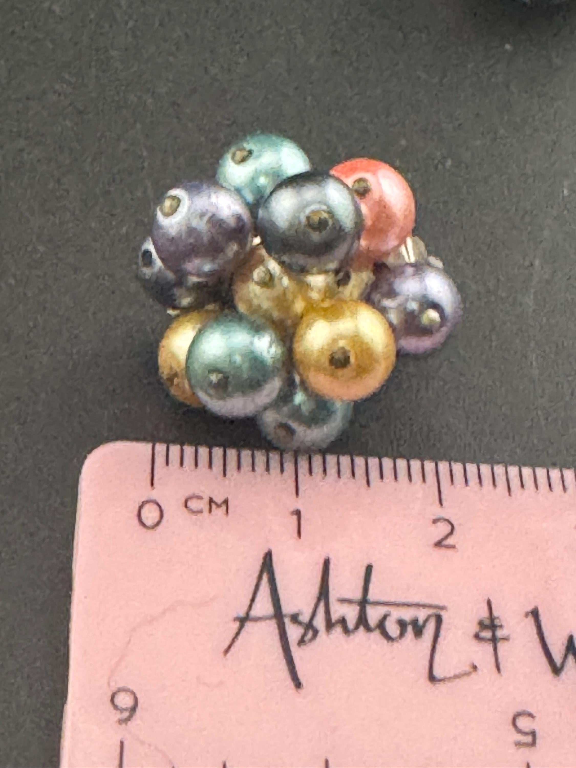 Vintage rainbow faux pearl plastic beaded Cluster Clip On Earrings