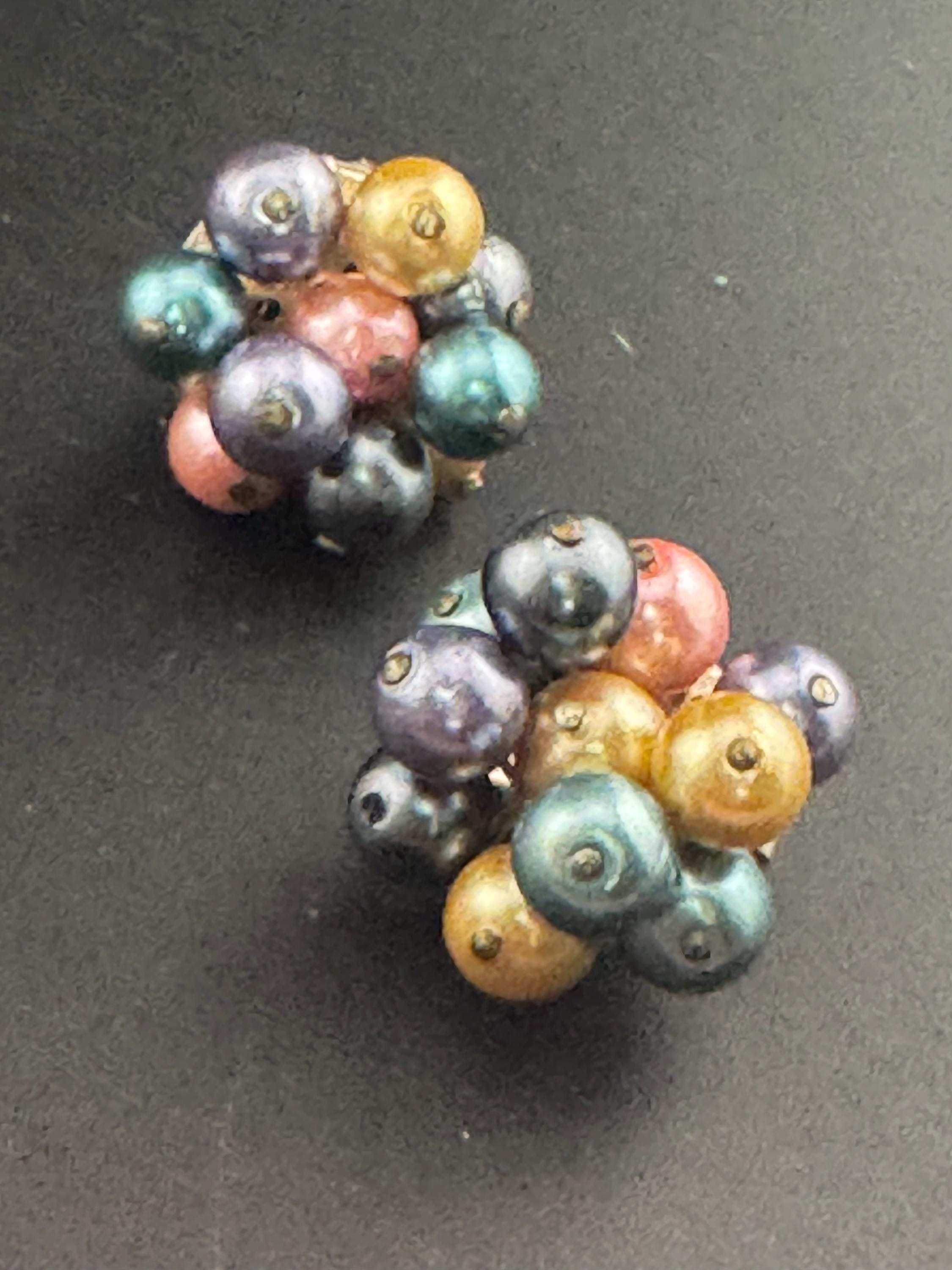 Vintage rainbow faux pearl plastic beaded Cluster Clip On Earrings