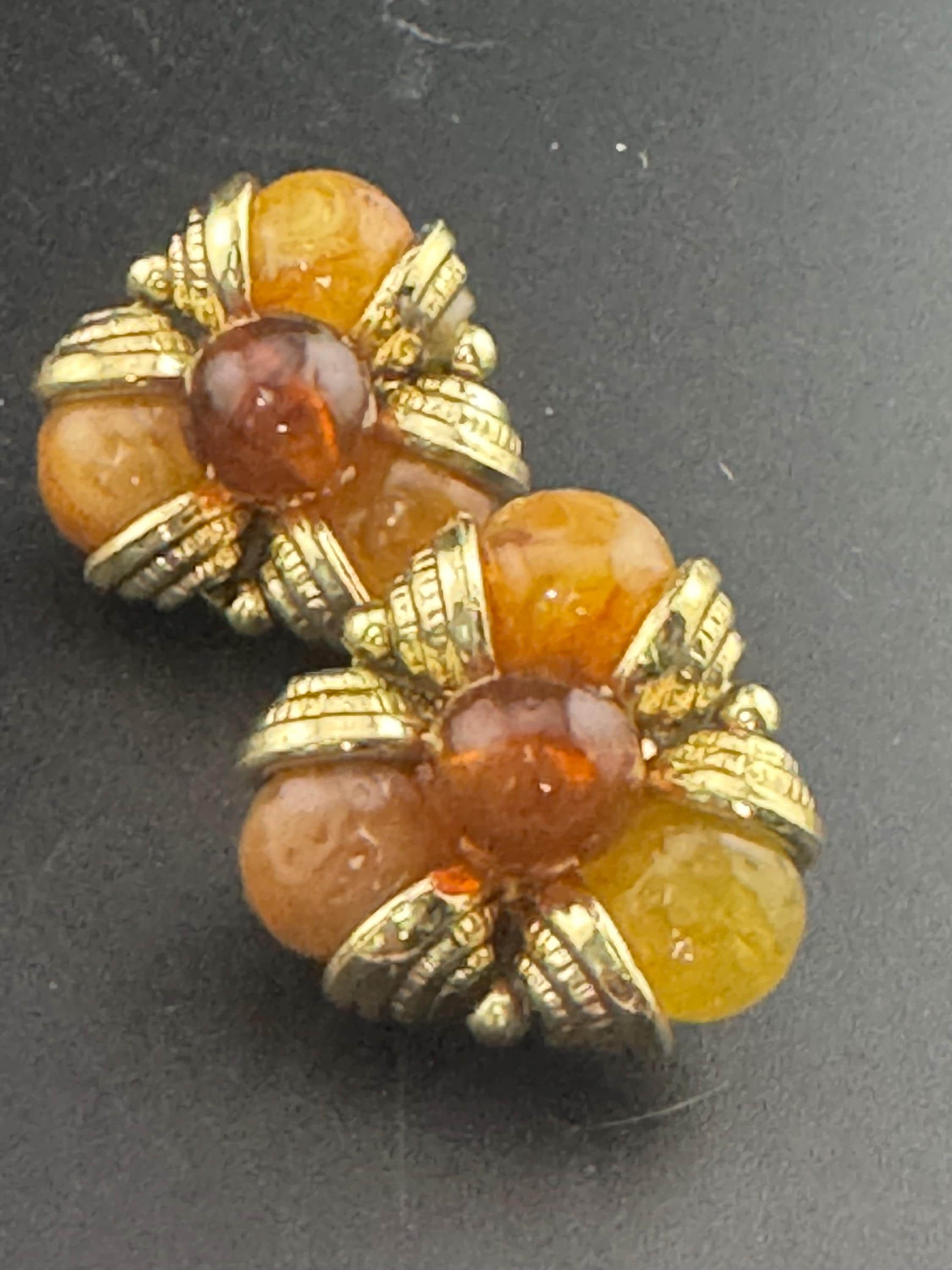 Vintage red orange yellow gold tone  plastic beaded Cluster Clip On Earrings 80s