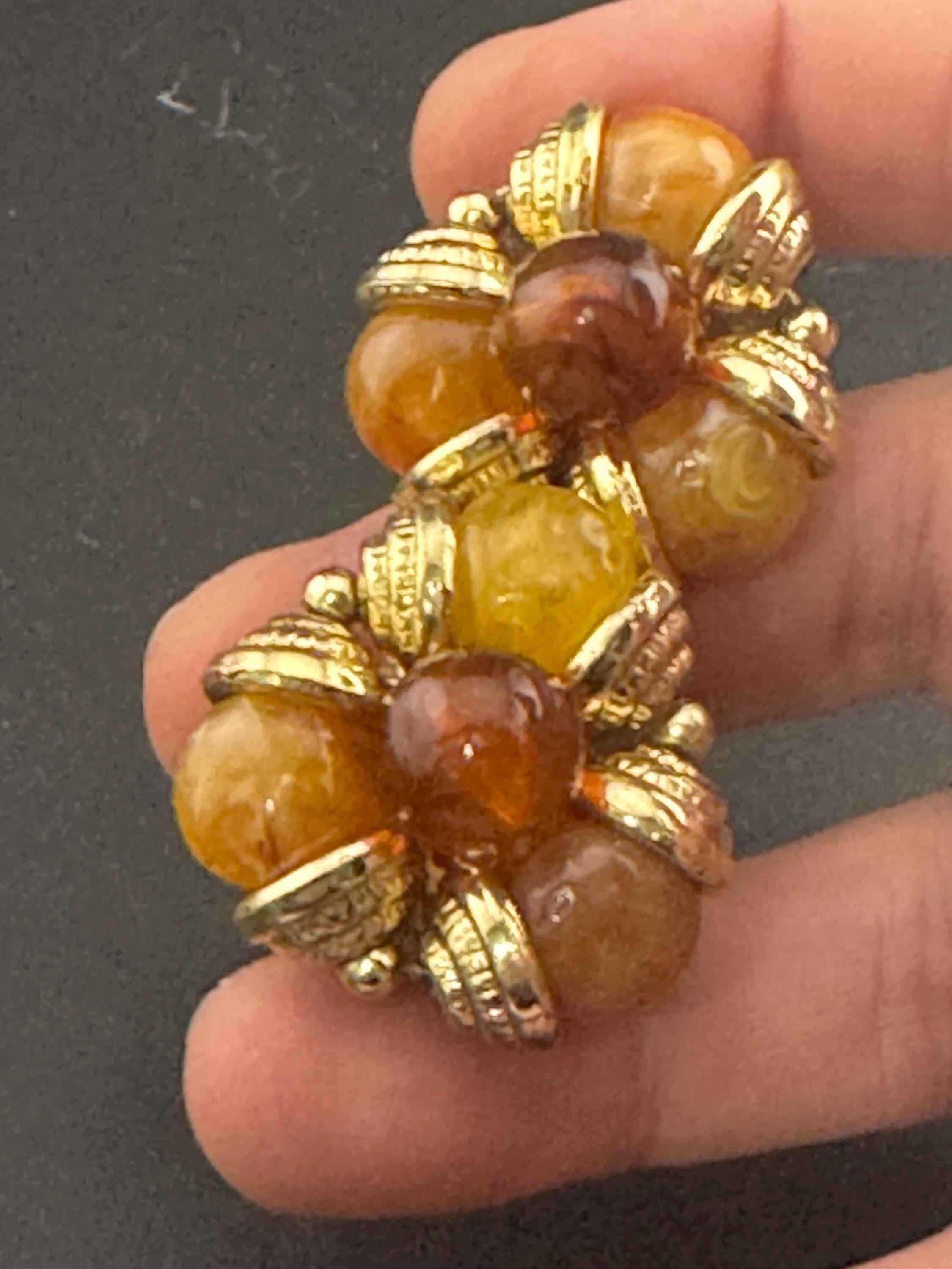 Vintage red orange yellow gold tone  plastic beaded Cluster Clip On Earrings 80s