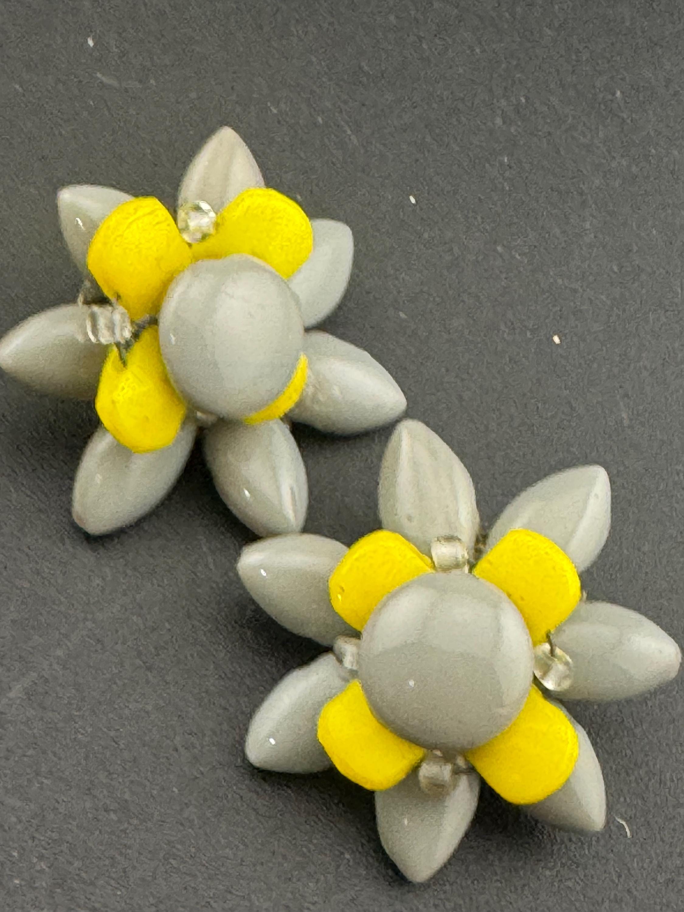 Vintage grey and yellow Czech Glass beaded Cluster Clip On Earrings