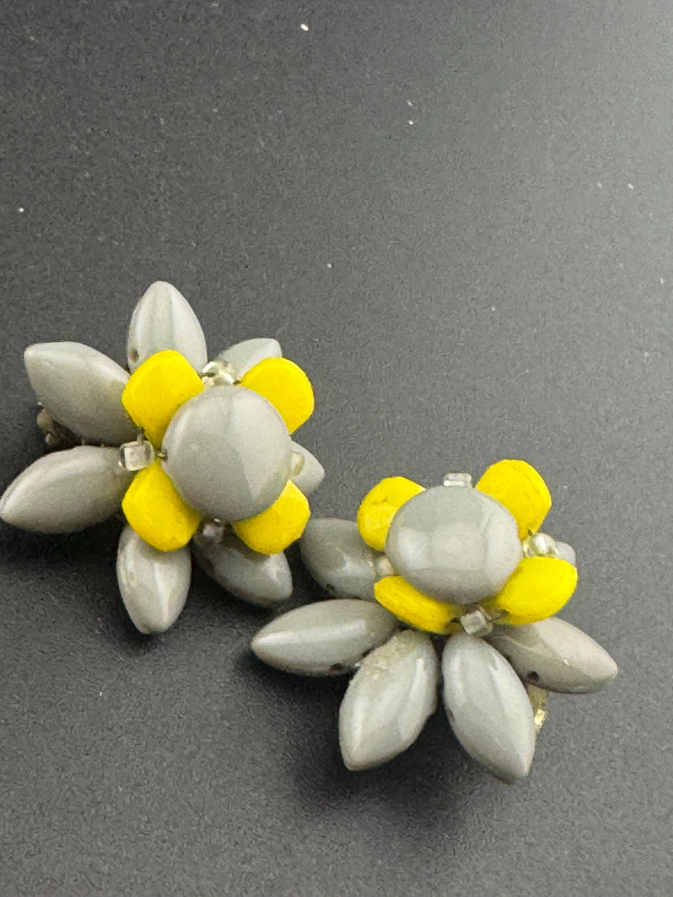 Vintage grey and yellow Czech Glass beaded Cluster Clip On Earrings