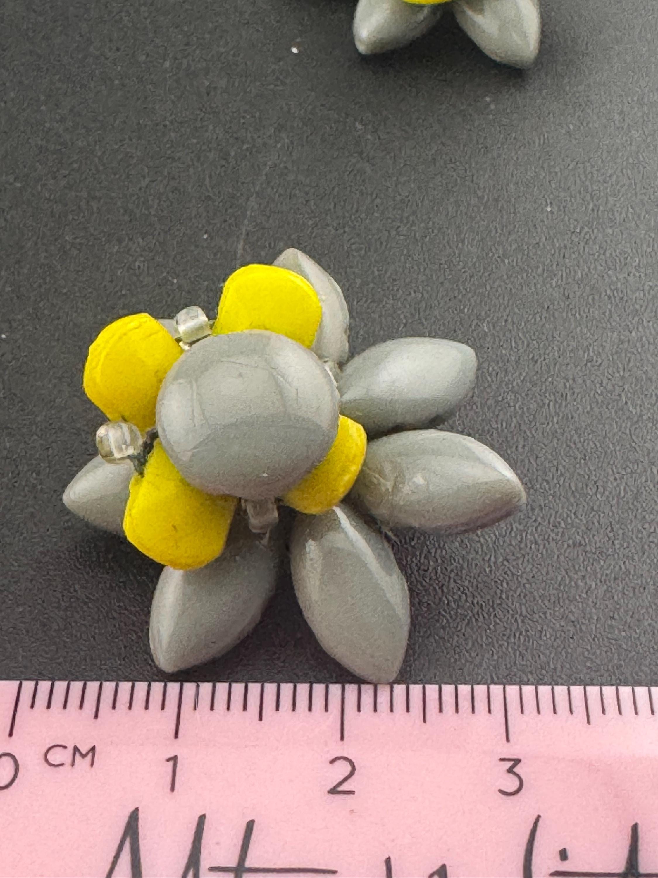 Vintage grey and yellow Czech Glass beaded Cluster Clip On Earrings