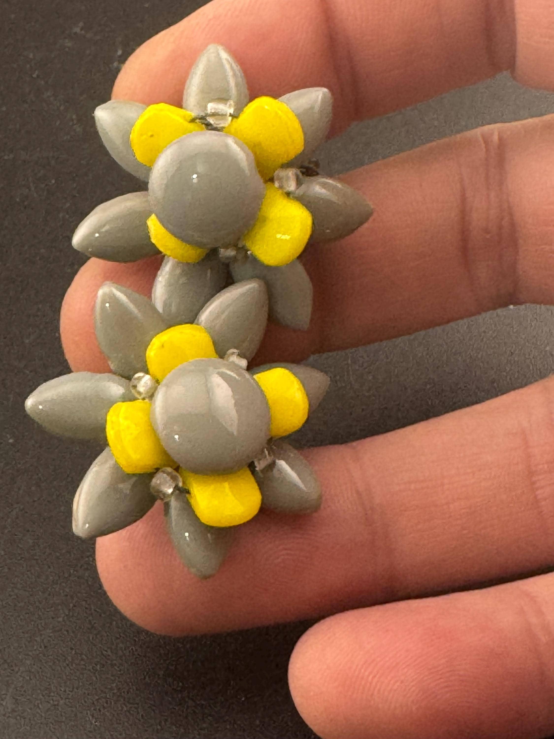 Vintage grey and yellow Czech Glass beaded Cluster Clip On Earrings