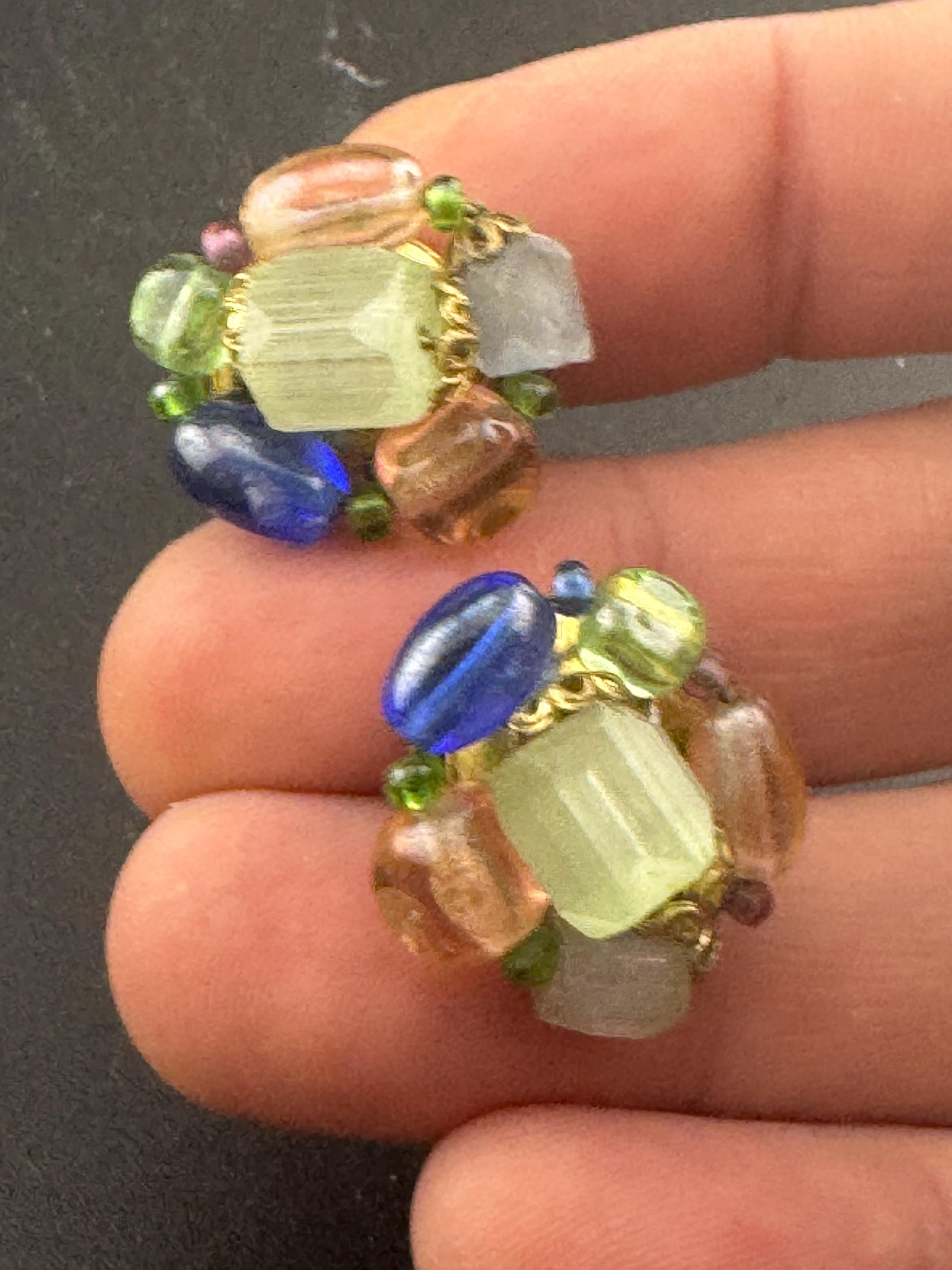 Vintage tutti fruiti pink blue green Glass beaded Cluster Clip On Earrings