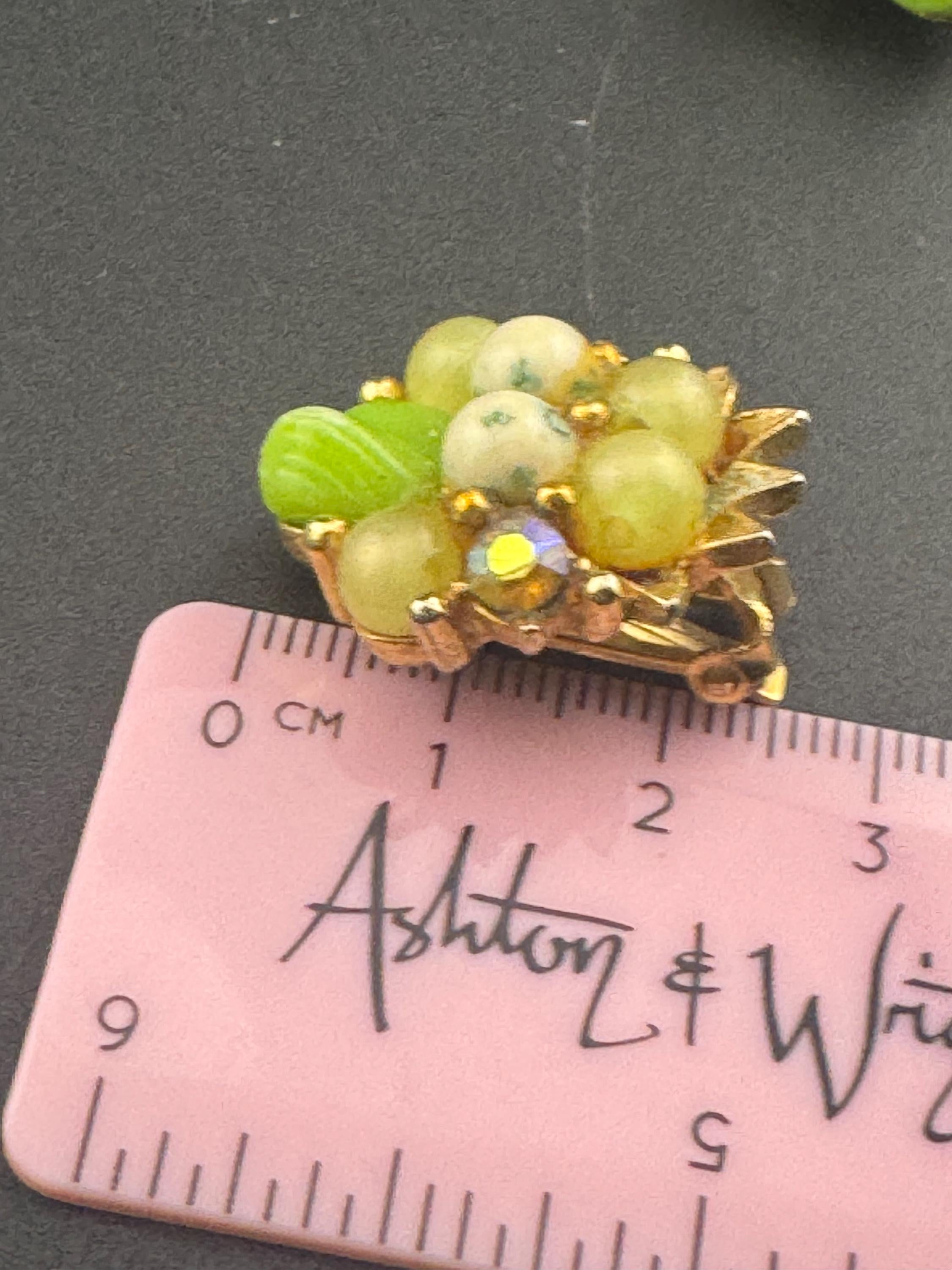 Vintage yellow green mixed Glass beaded Cluster Clip On Earrings