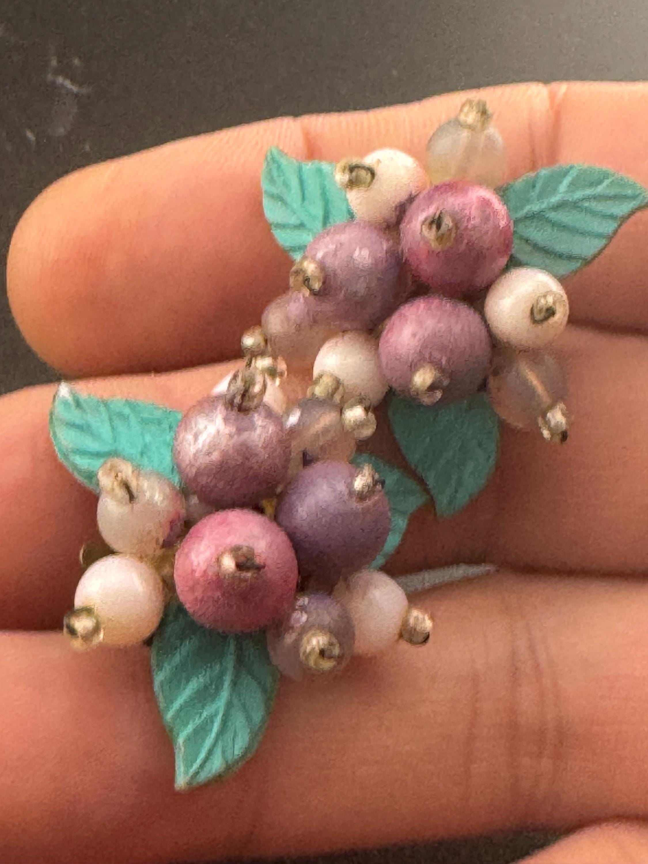 Vintage purple mixed Glass berries with green leaves beaded Cluster Clip On Earrings